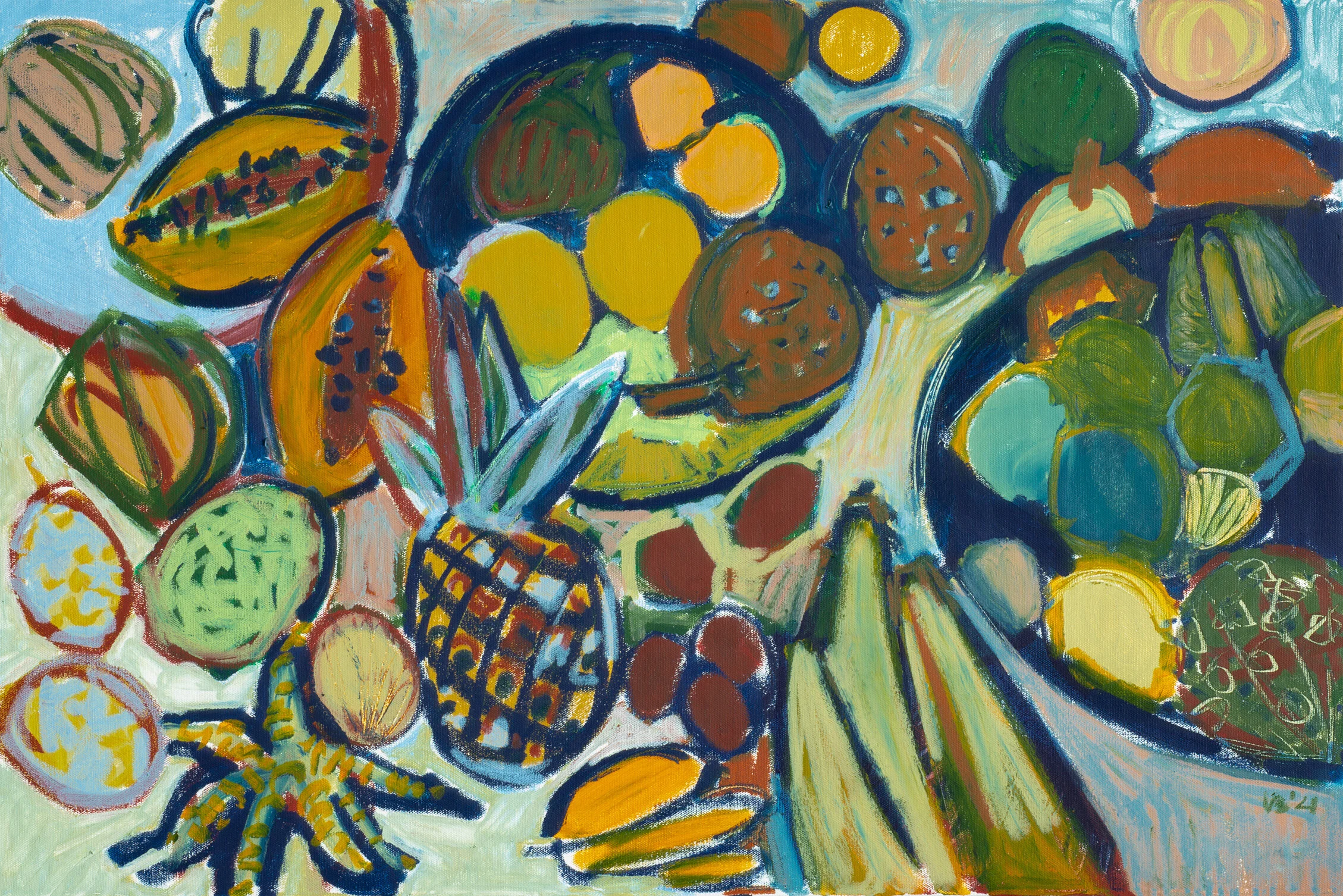 Still Life with Exotic Fruits, 2021 - tempera sticks on canvas, 36x24in