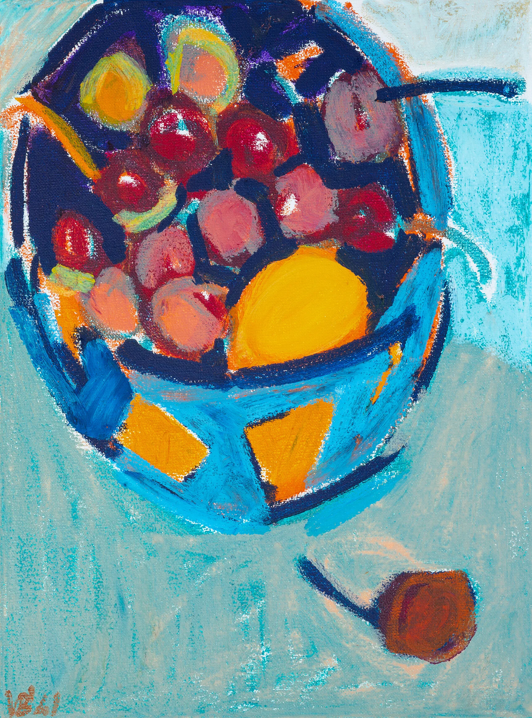 Still Life with Cherries, 2021 - tempera sticks on canvas, 12x16in
