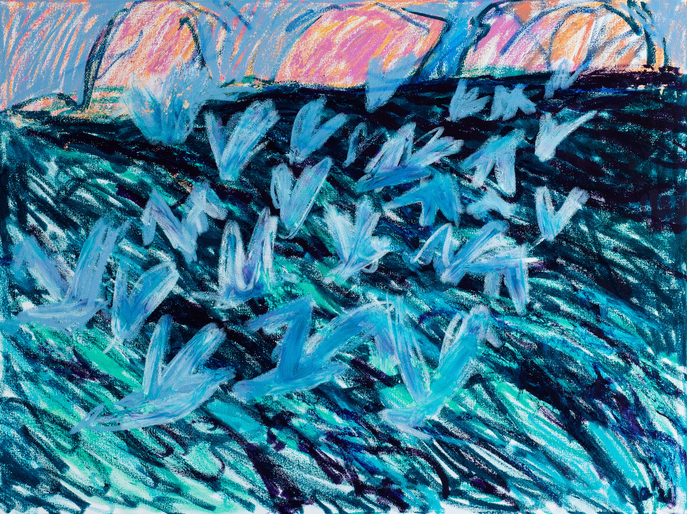 Seagulls Flying, 2021 - tempera sticks on canvas, 40x30in