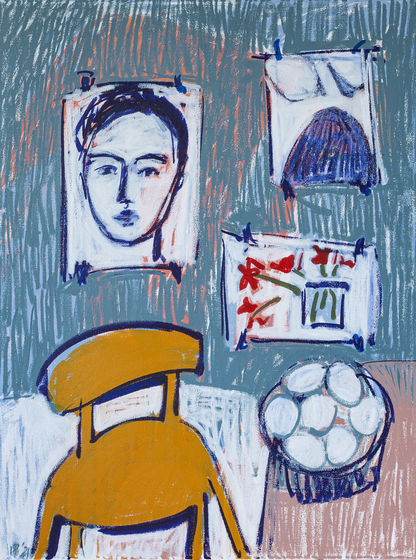 Interior with Self-portrait, Drawings and Bowl of Eggs, 2021 - tempera sticks, 30x40in