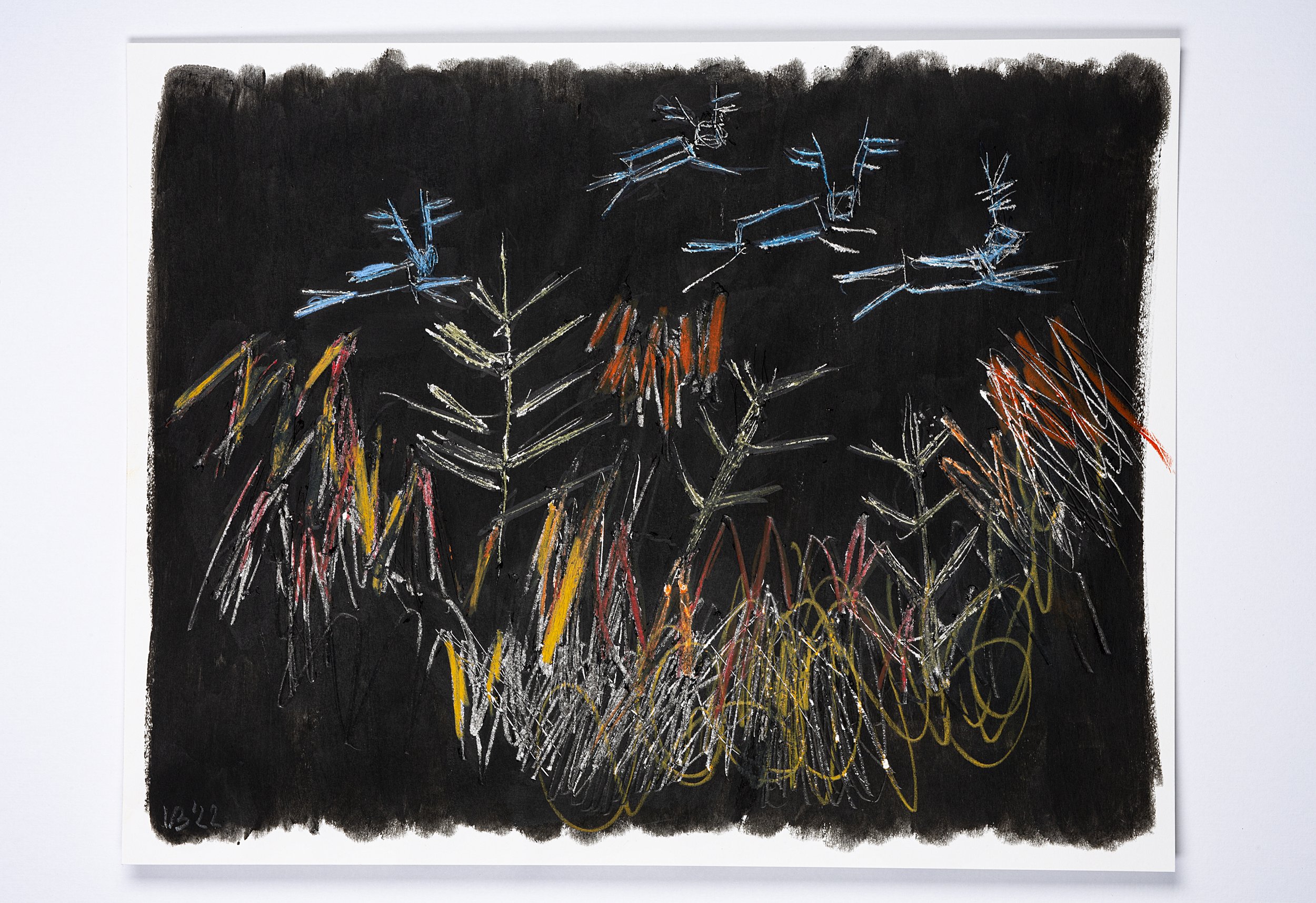 Burning Forest, 2022 - tempera sticks, metal scratching, colored pencils and crayons on smooth cardboard