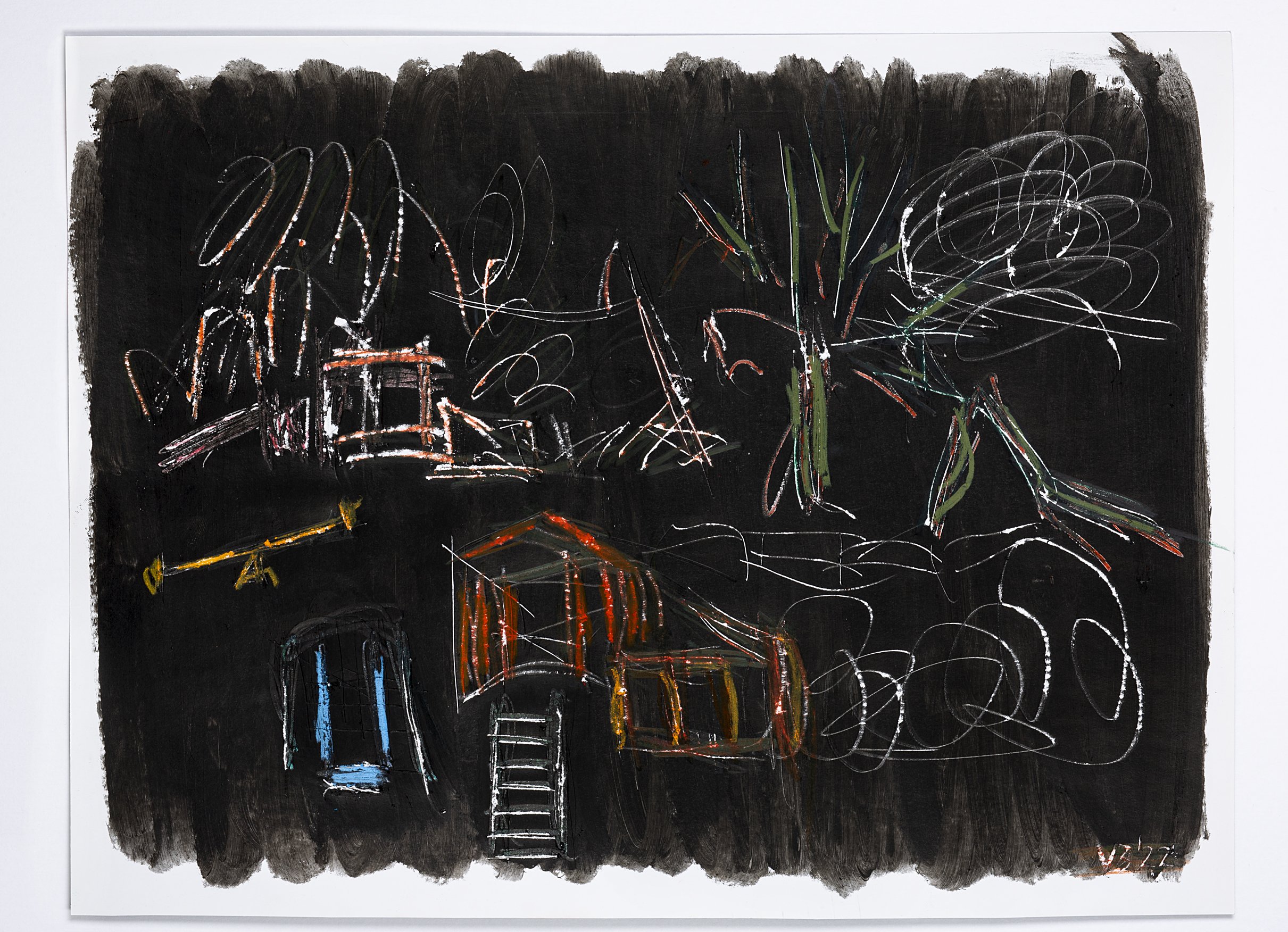 Empty Playground, 2022 - tempera sticks, metal scratching, colored pencils and crayons on smooth cardboard