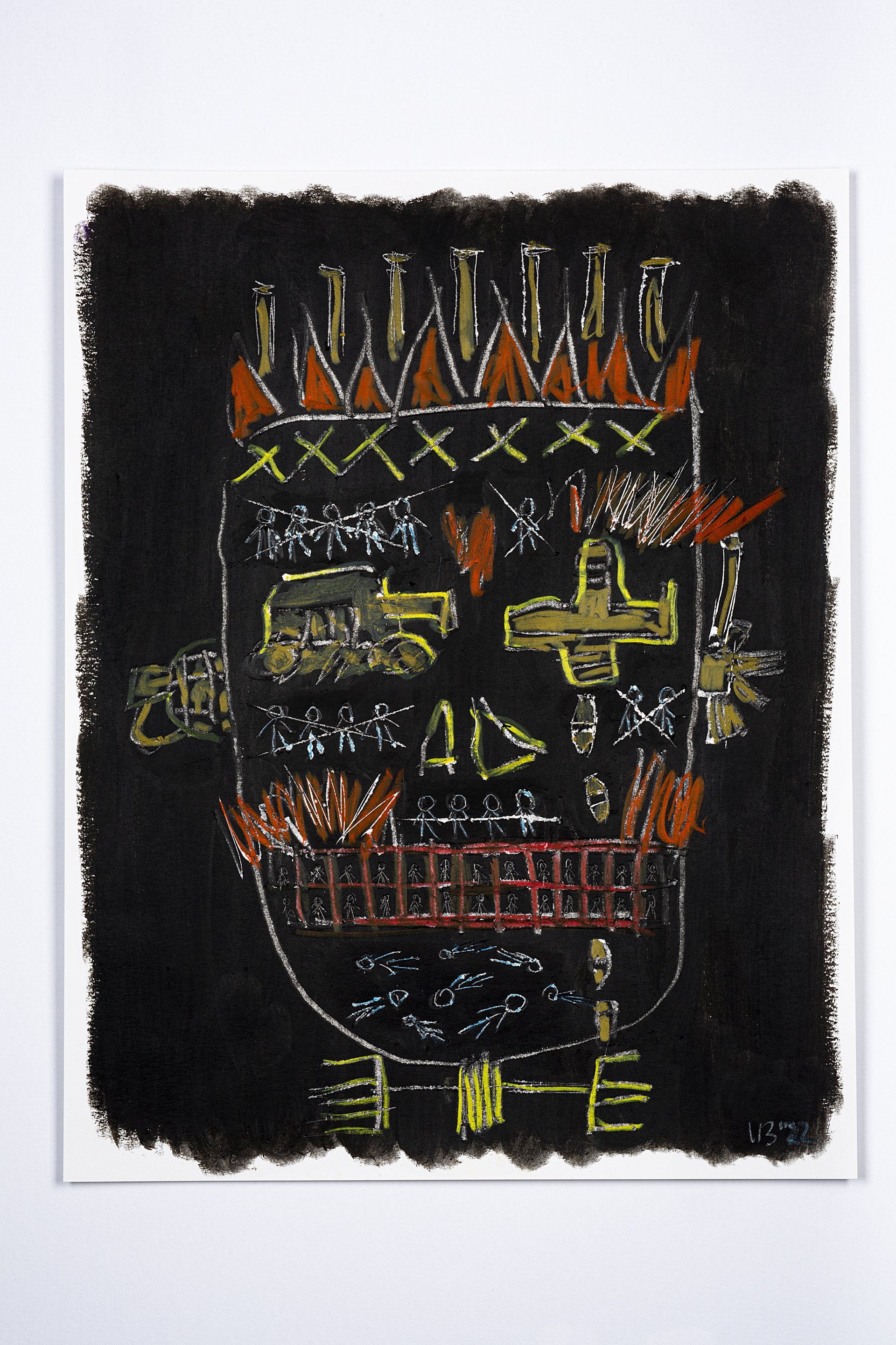 War Head, 2022 - tempera sticks, metal scratching, colored pencils and crayons on smooth cardboard