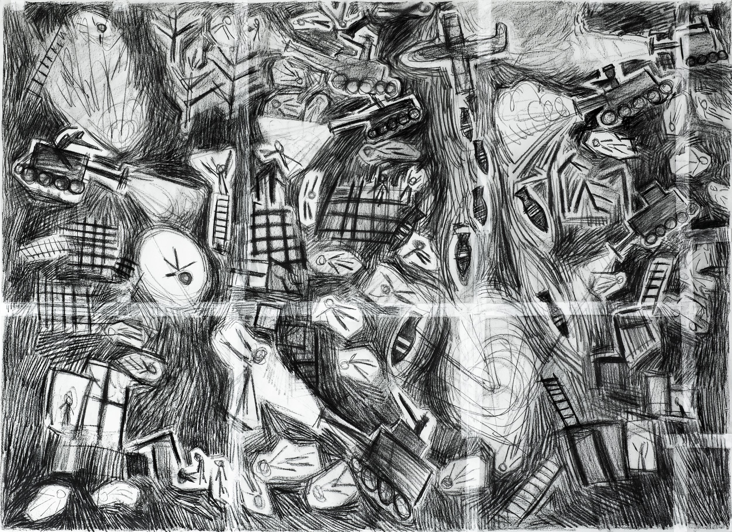 Large Study for "Papa, Is It Going to Be a War?", 2022 - charcoal and artist tape on newsprint, 55x40in