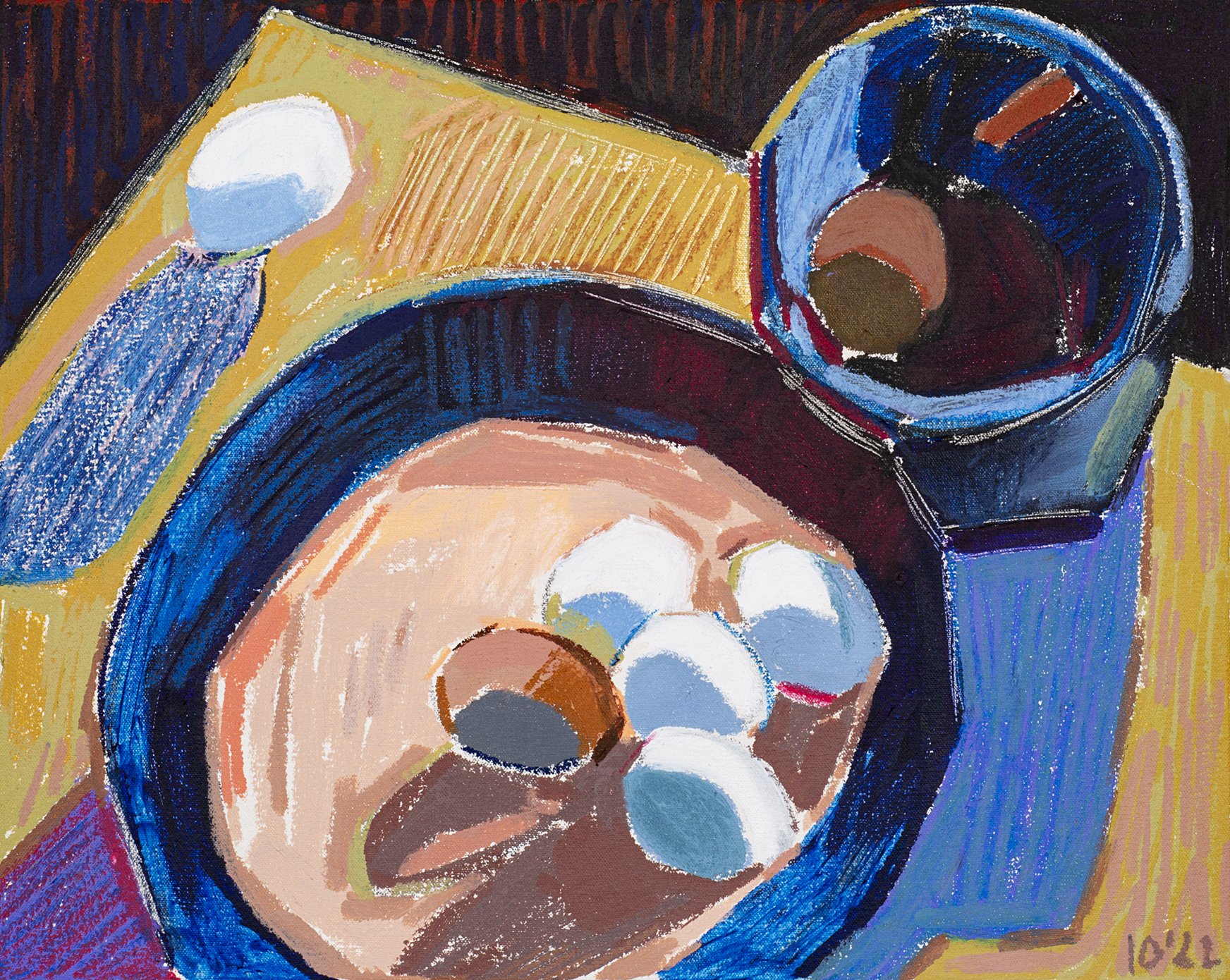 Still Life with Eggs and Blue Dishes, 2022 - tempera sticks on primed canvas, 20x16in