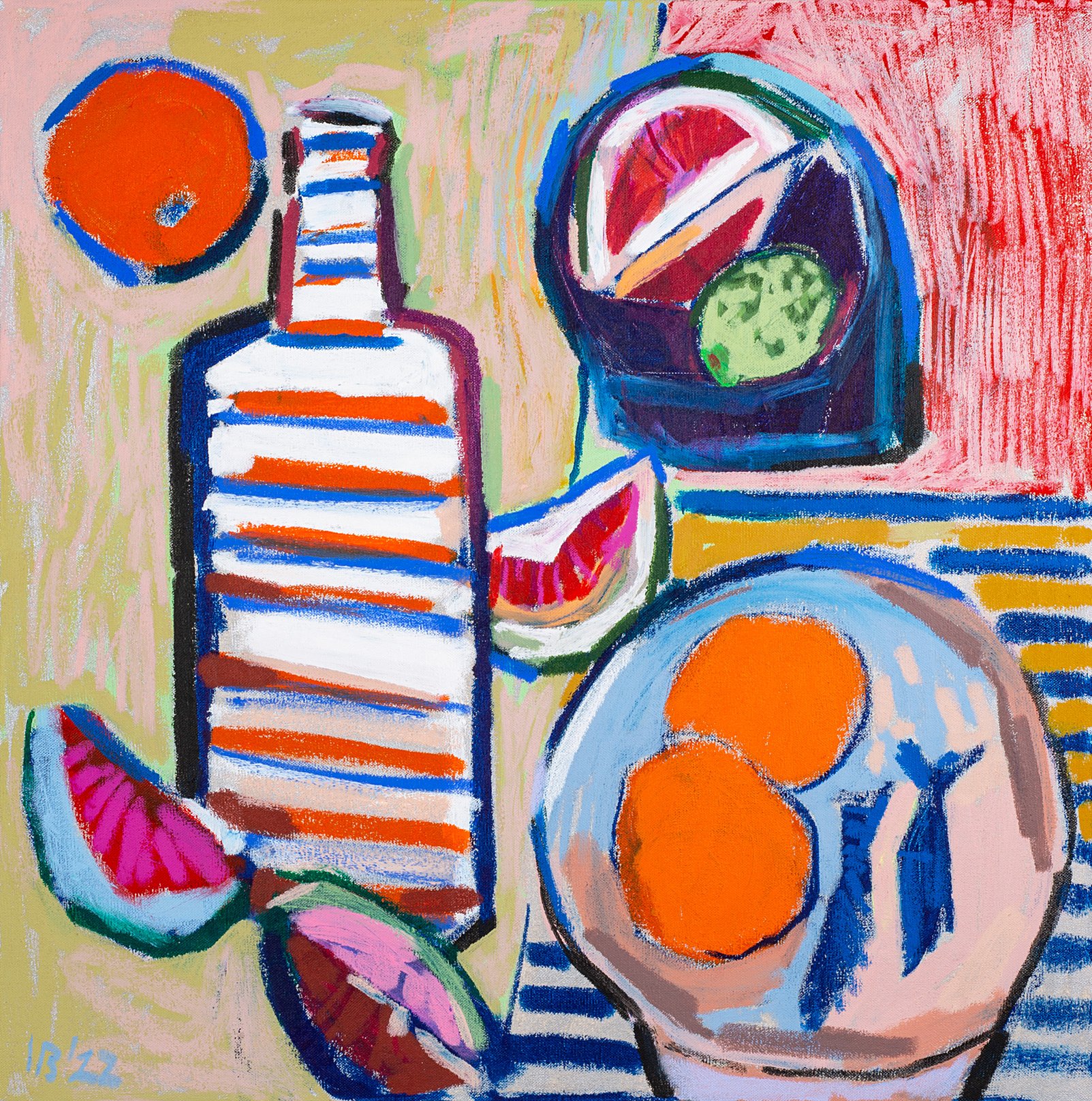 Still Life with Citruses and Large Vase, 2022 - tempera sticks on unprimed canvas, 24x24in