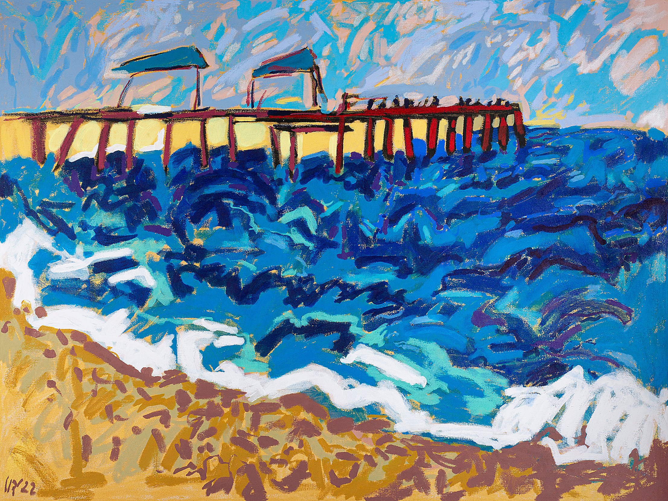 Red Pier, 2022 - tempera sticks on unprimed canvas, 48x36in