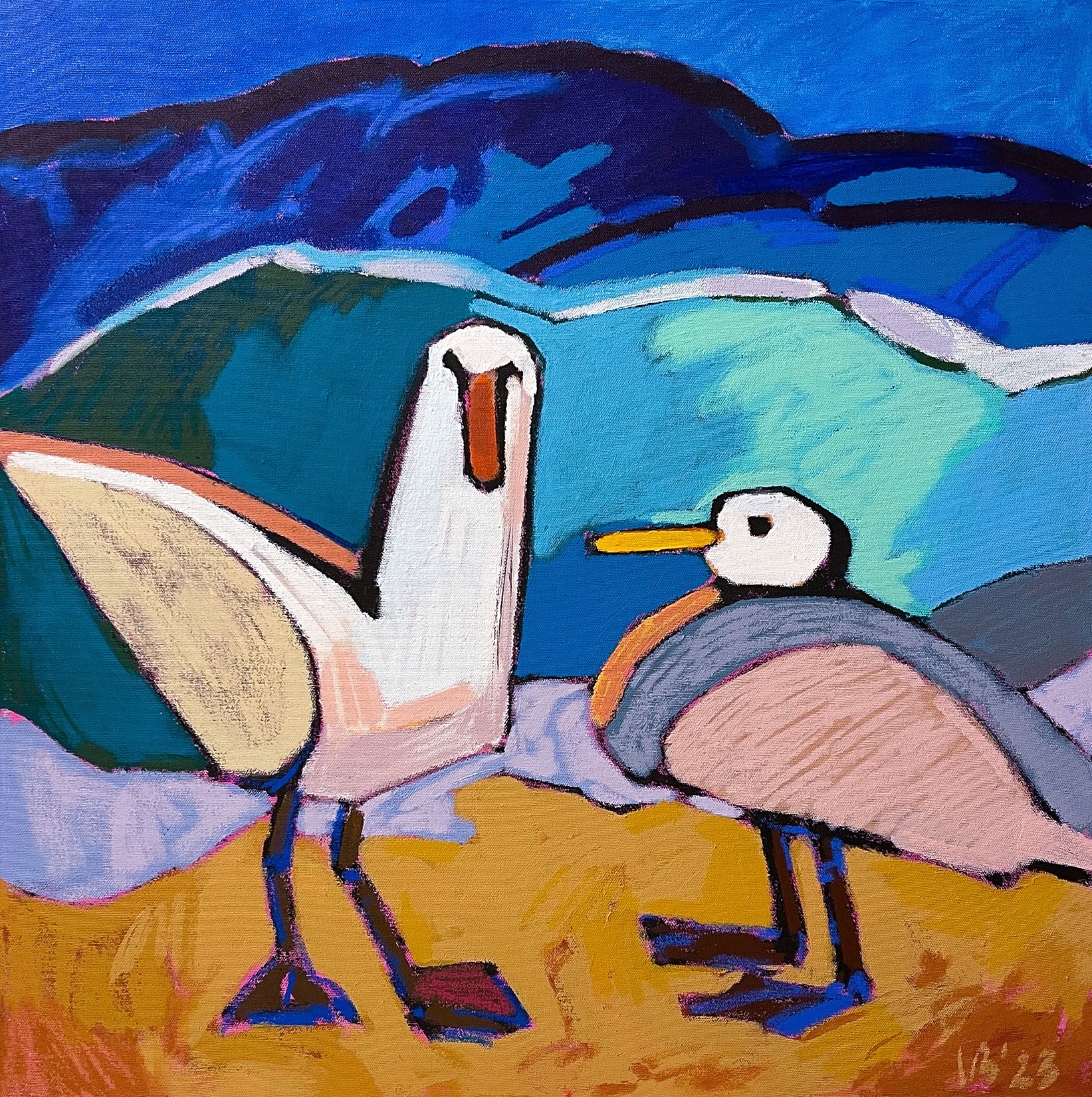 Study of Two Seagulls, 2023 - tempera sticks on canvas, 24x24in