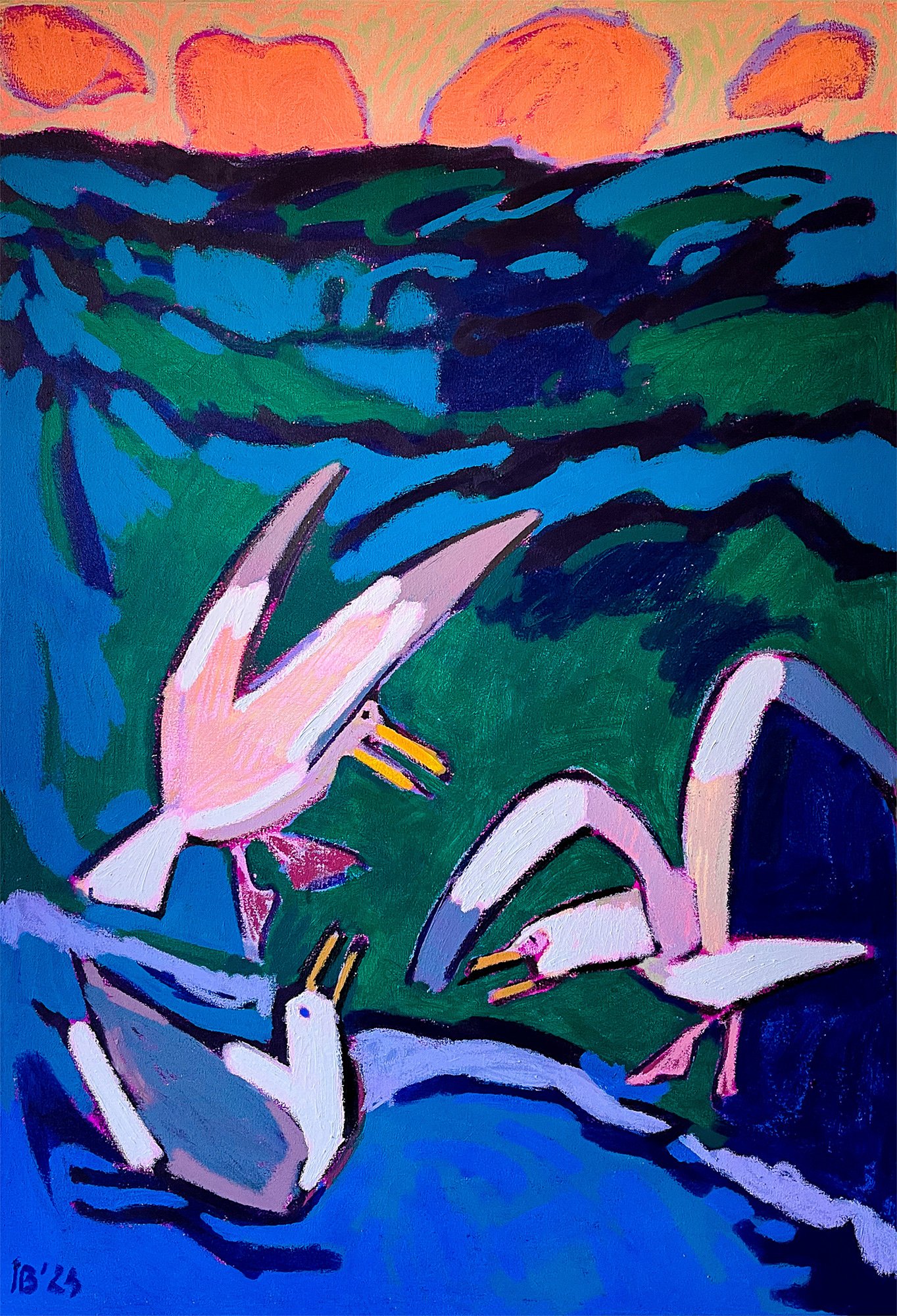 Seagulls Arguing, 2023 - tempera sticks on canvas, 28x40in