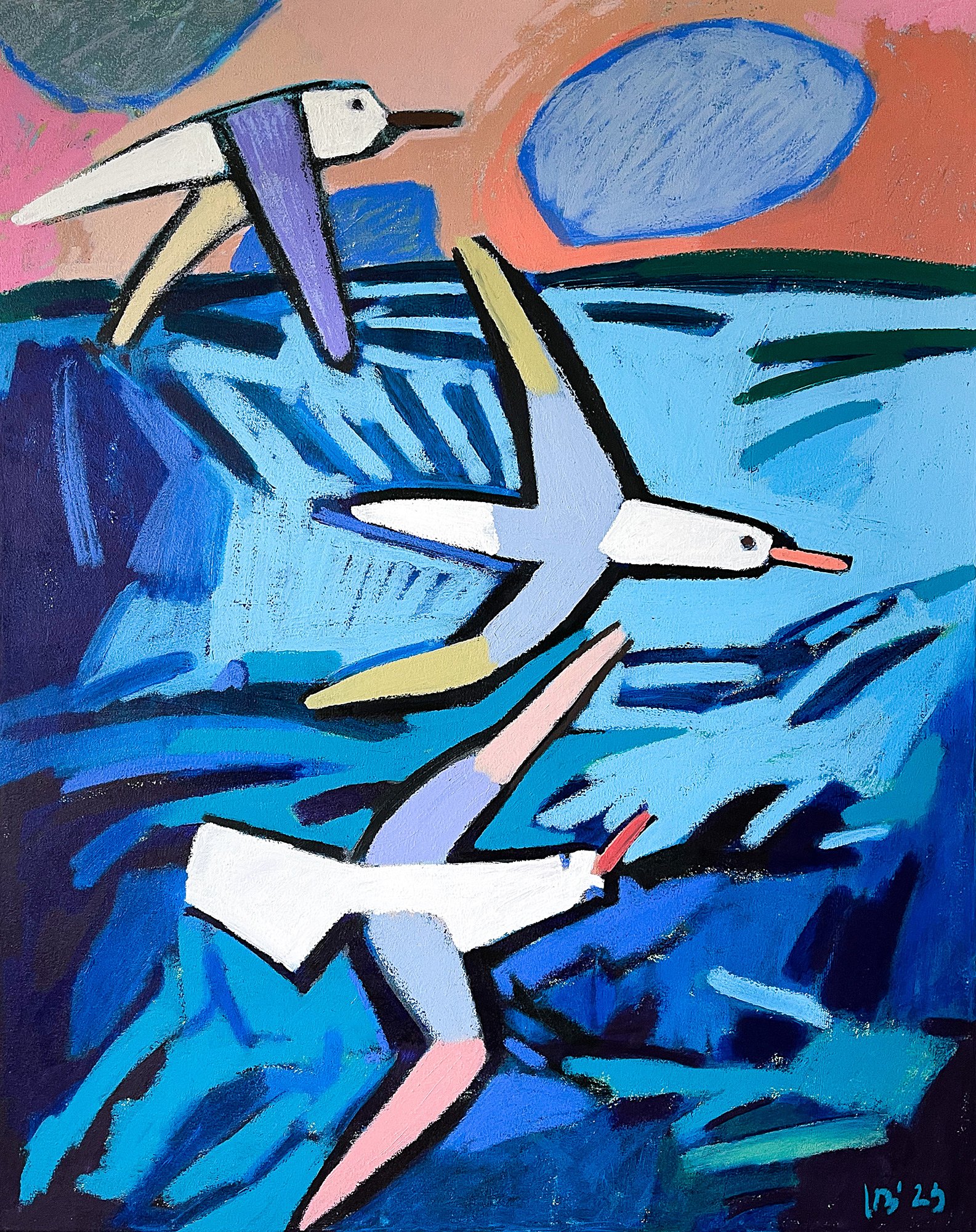 Seagulls Flying By, 2023 - tempera sticks on canvas, 32x40in