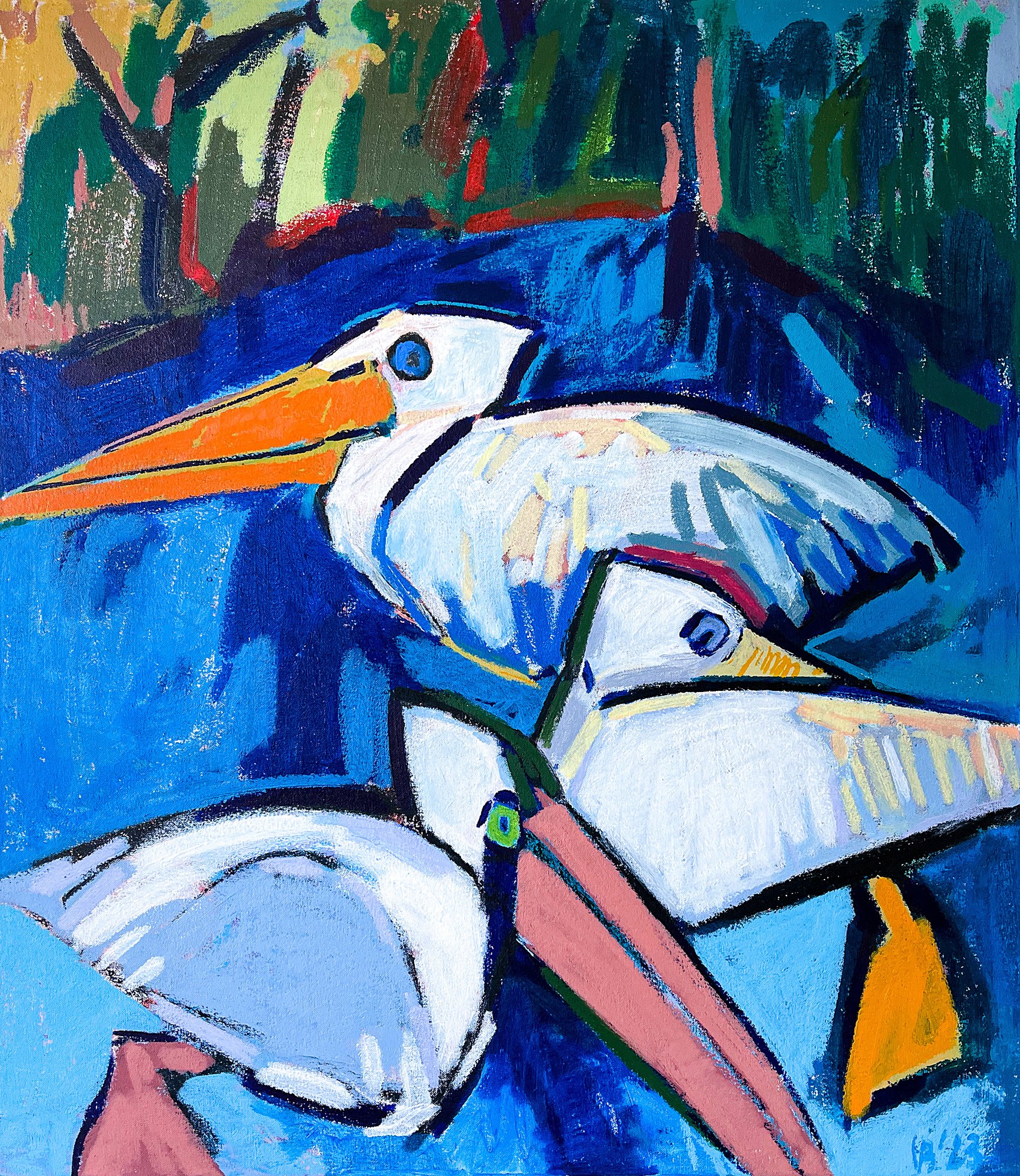 White Pelicans, 2023 - tempera sticks on canvas, 28x32in