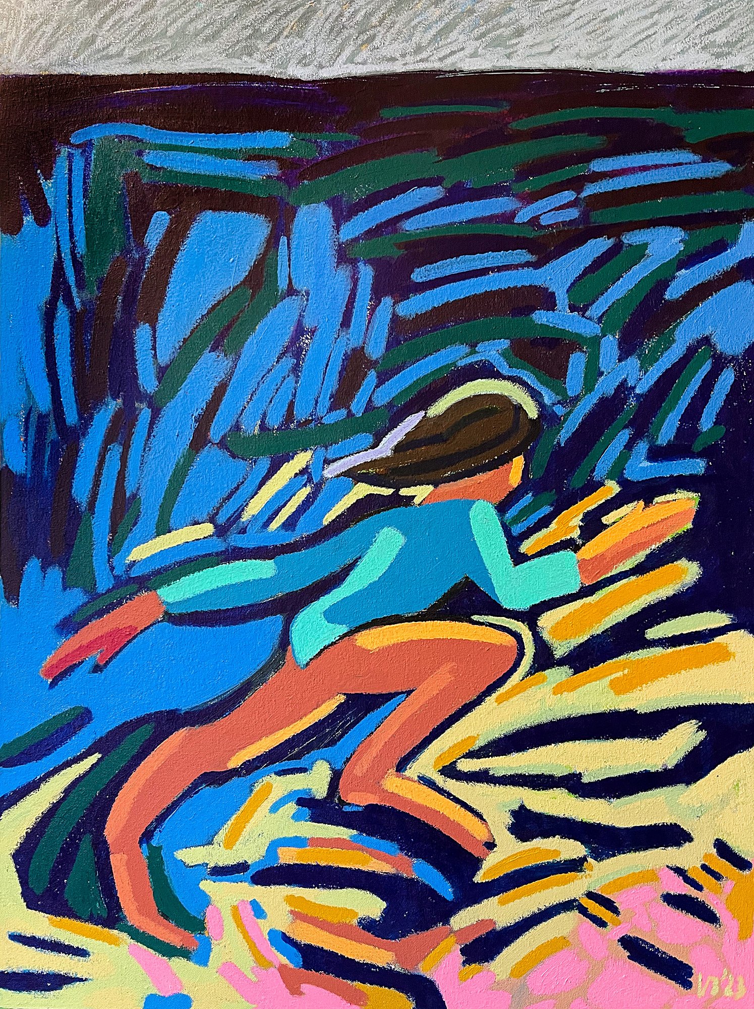Little Beach Walker, 2023 - tempera sticks on canvas, 32x40in