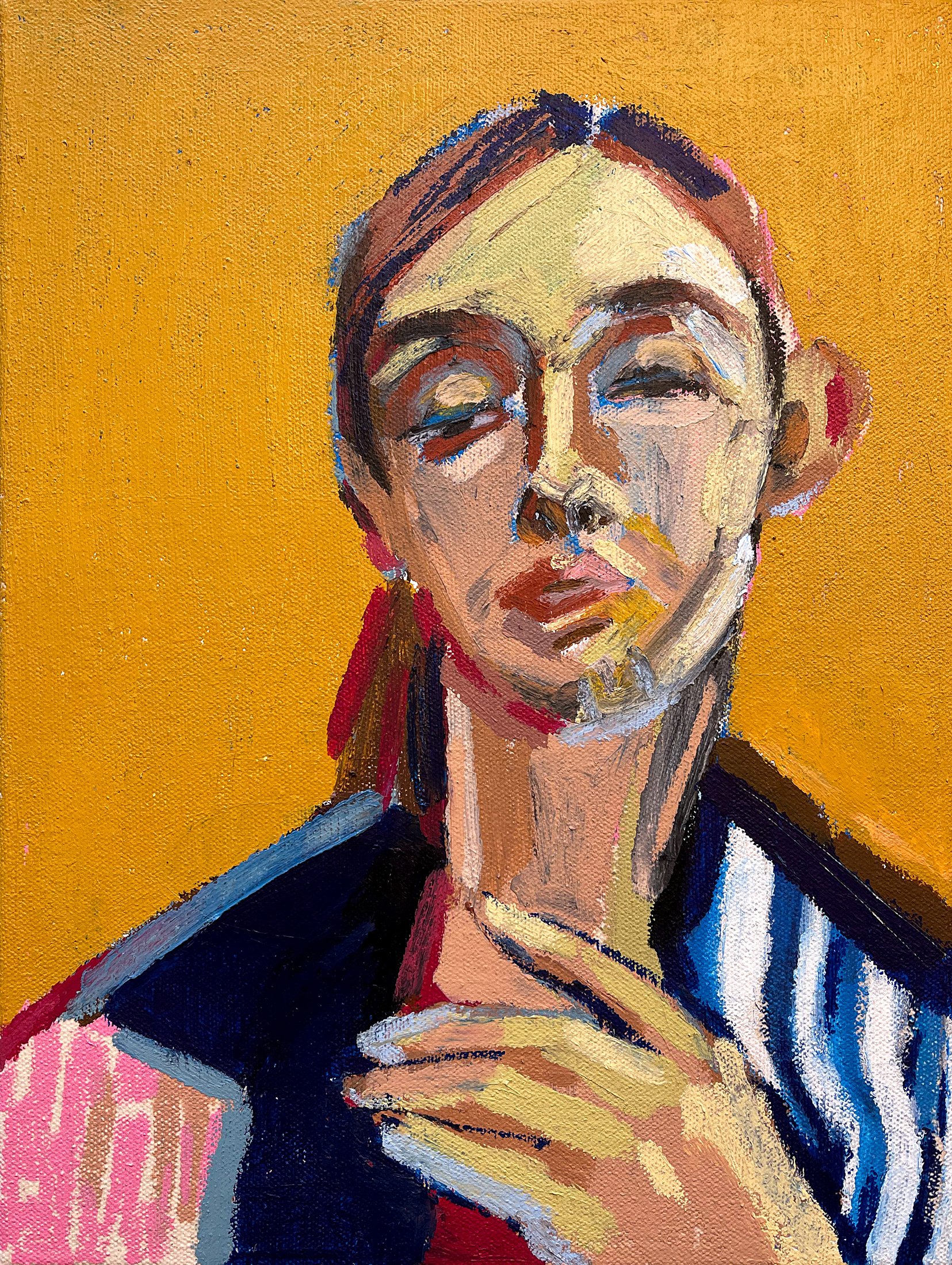 Portrait of Nasim in a Flamboyant Jacket, 2022 - tempera sticks on canvas, 12x16in