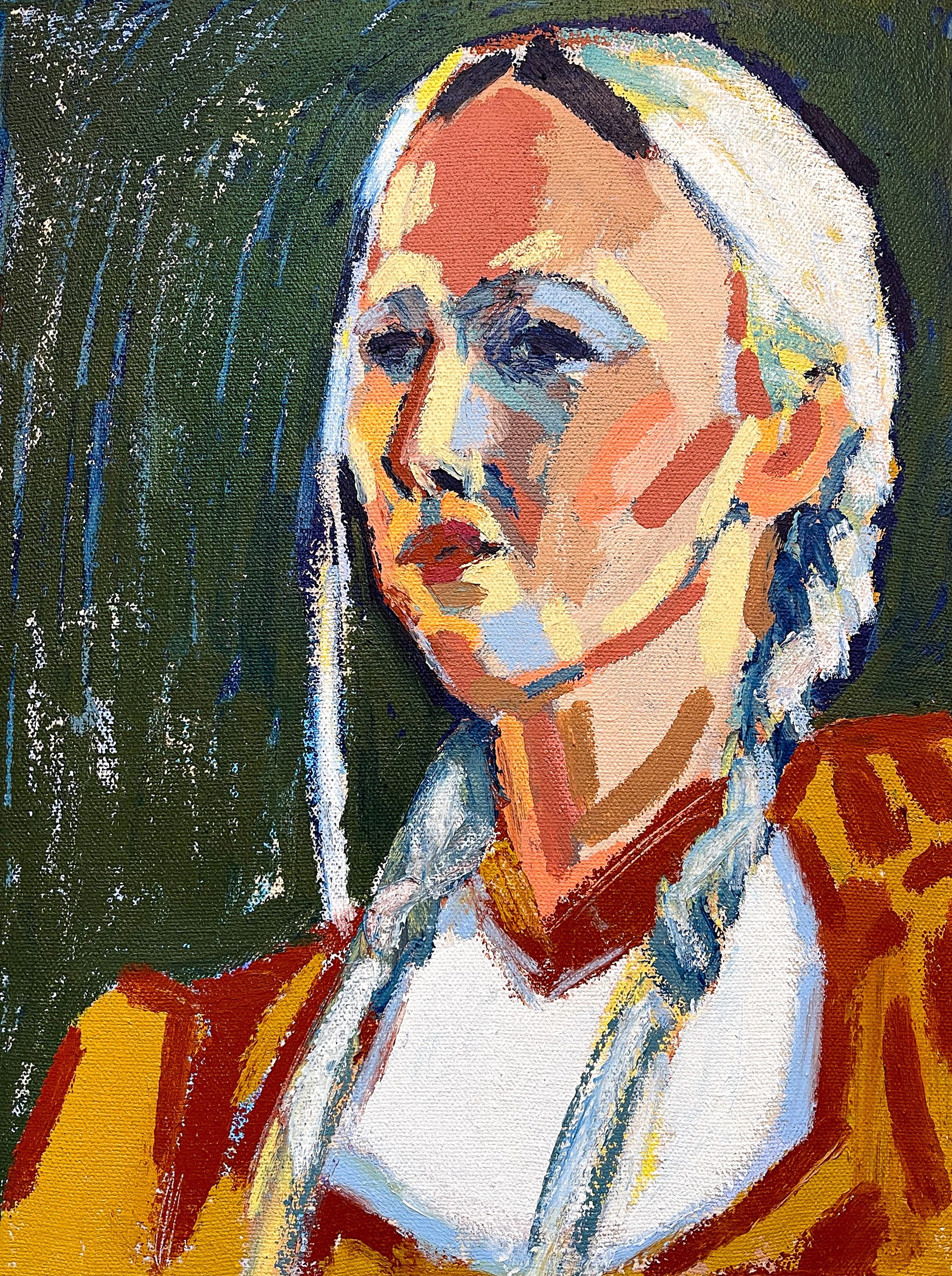 Francis with White Braids, 2022 - tempera sticks on canvas, 12x16in