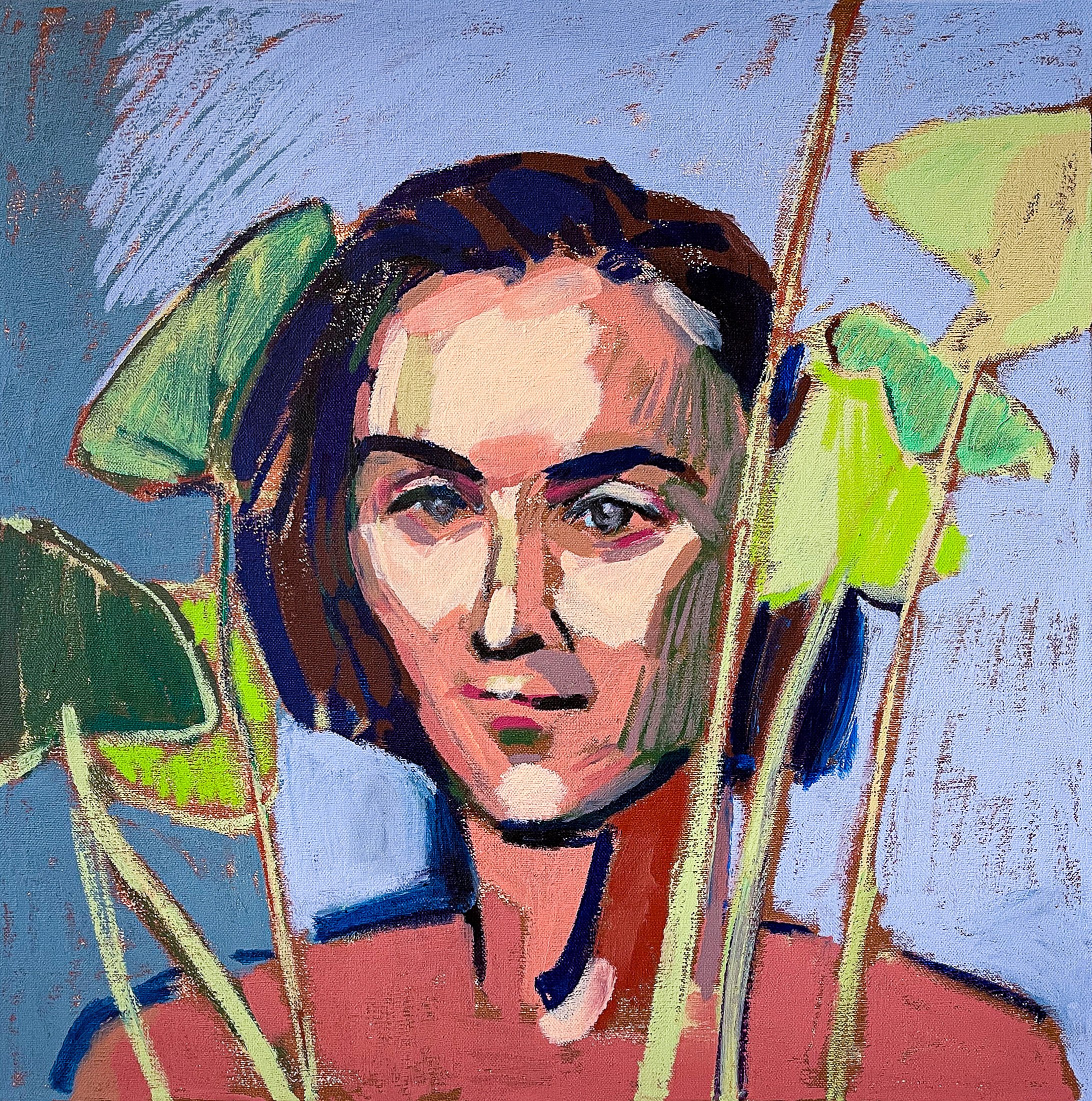 Sophie with Green Leaves, 2023 - tempera sticks on canvas, 20x20in