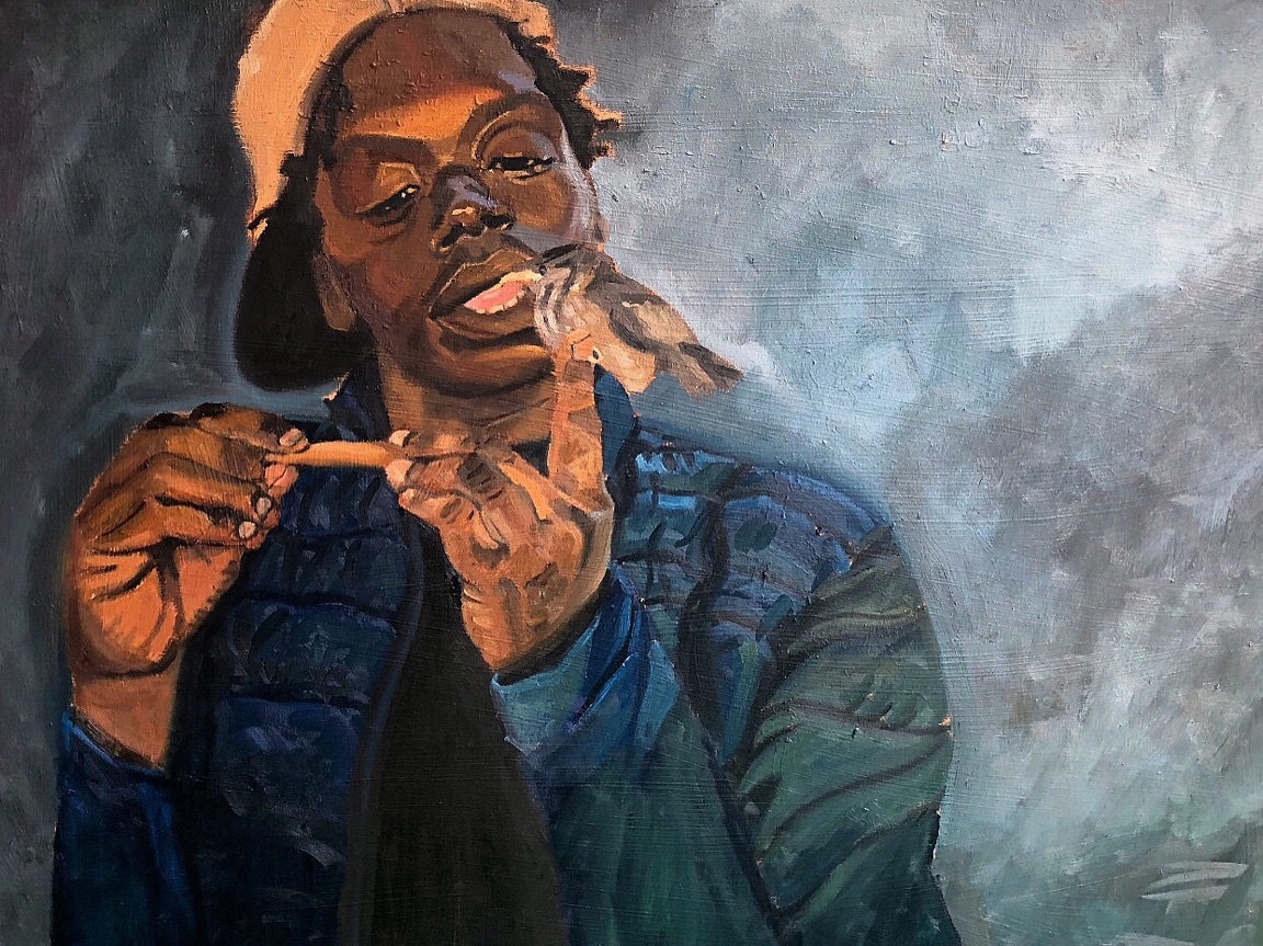 The bird whisperer (El sussurador de pajaros) 40” x 30” Oil on canvas 2018.