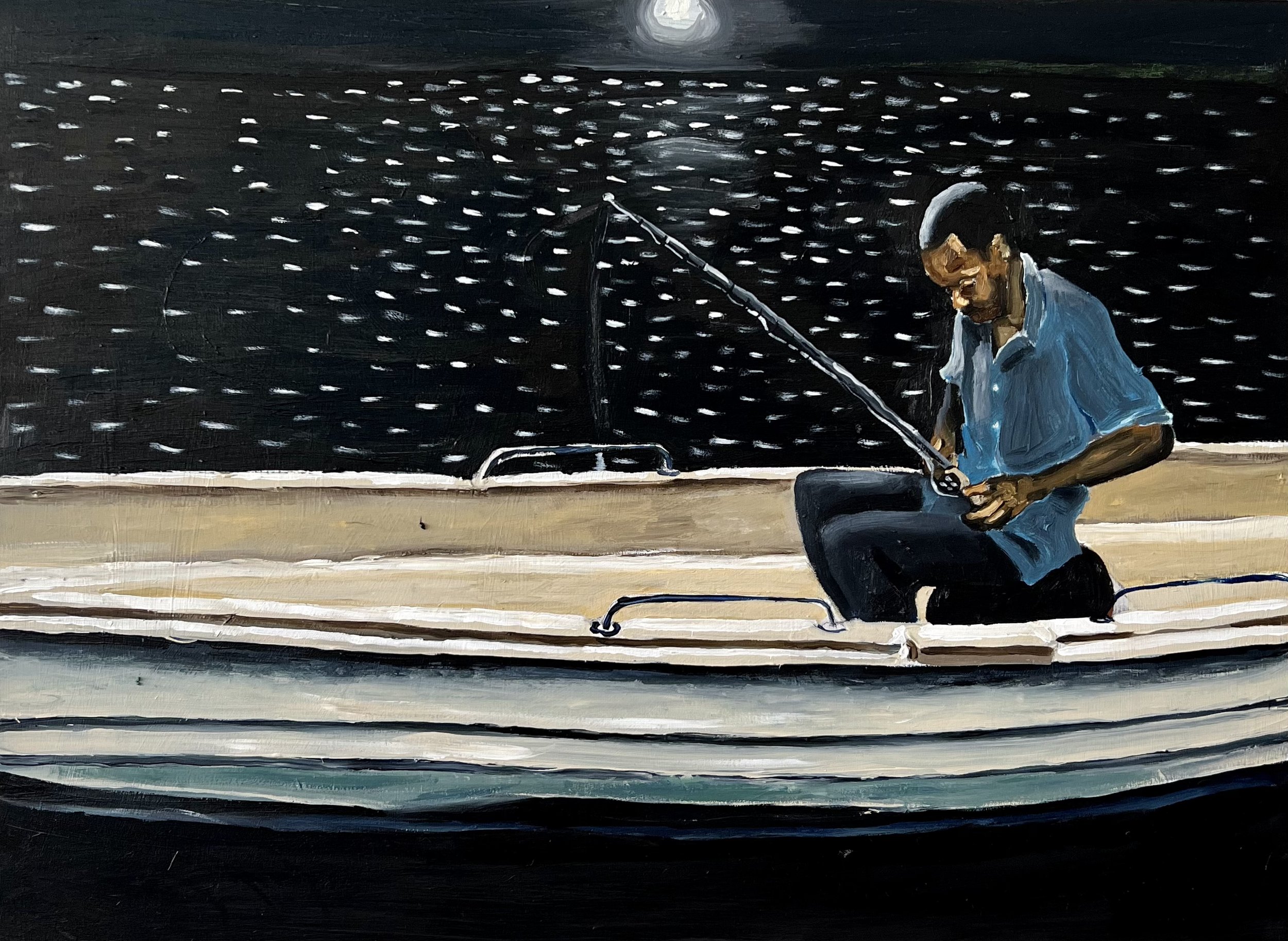   Gone fishn’   Oil, acrylic on board  22 x 30 in  55.88 x 76.2 cm  2023 