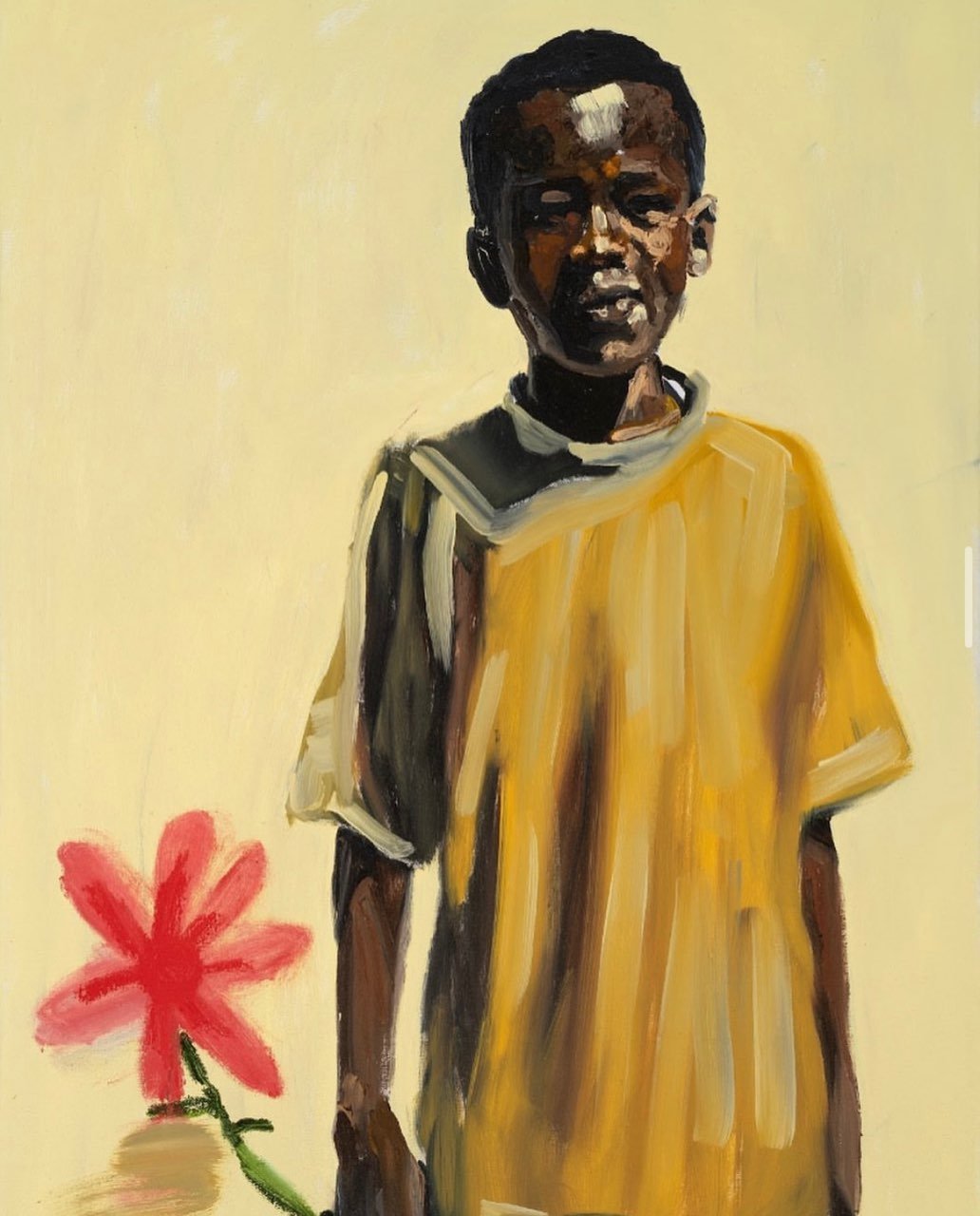   Boy in yellow shirt   Oil, oil stick on canvas  40 1/4 x 30 in  102.2 x 76.2 cm  2021 