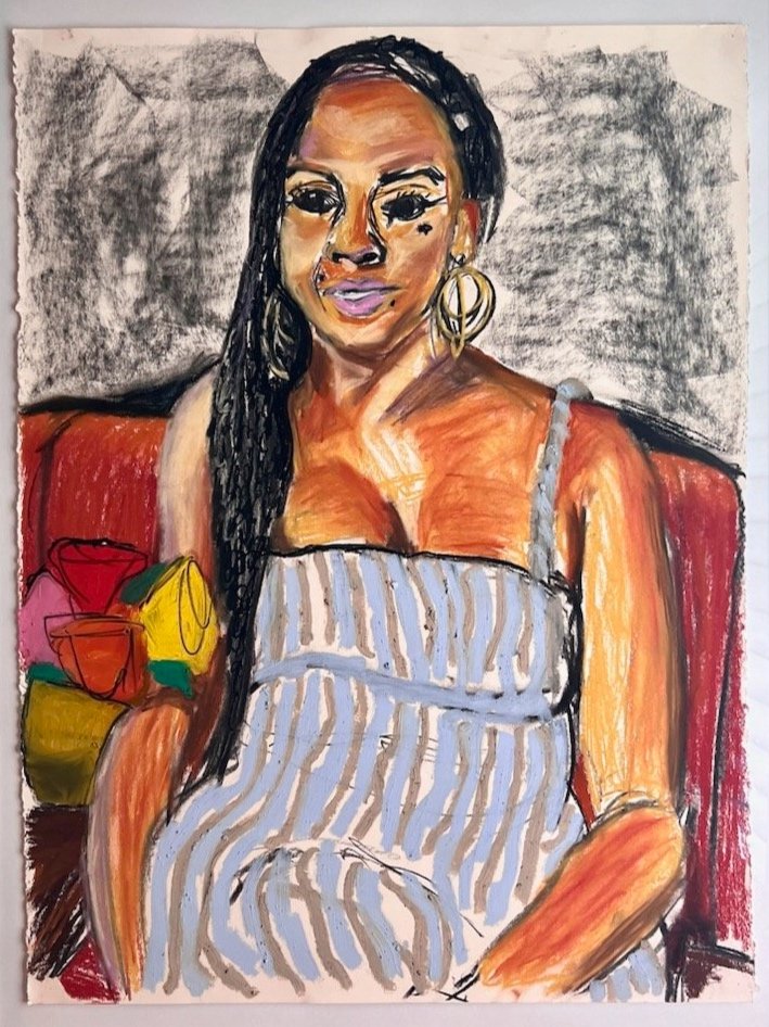   Sheila at Duck Duck Goose   Pastel, oil stick, charcoal on paper  30 x 22 in  83.82 cm  2021 