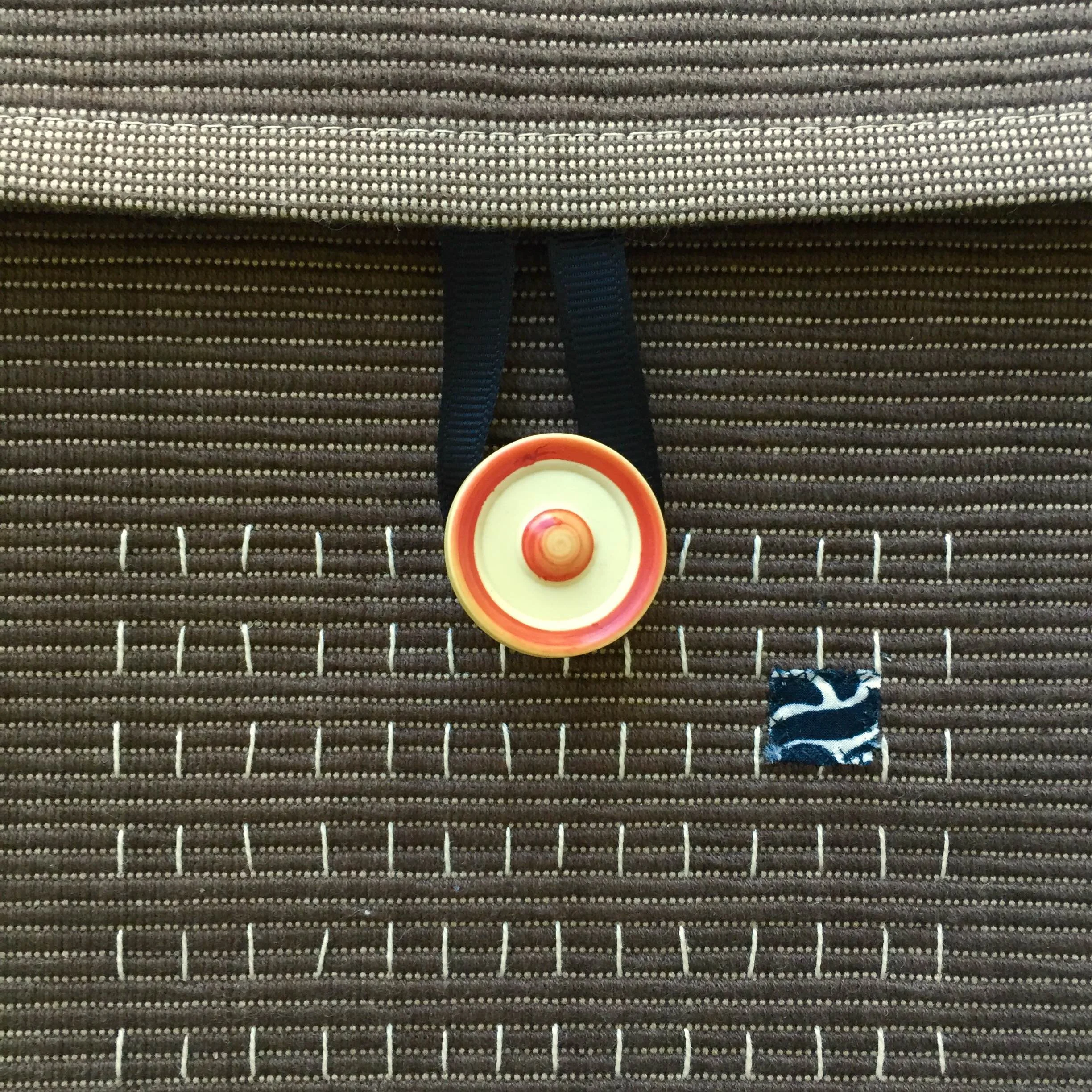 DETAIL: MacBook Air Sleeve. Placemat, hand stitching, cotton, vintage button. Karen Anne Glick 2015