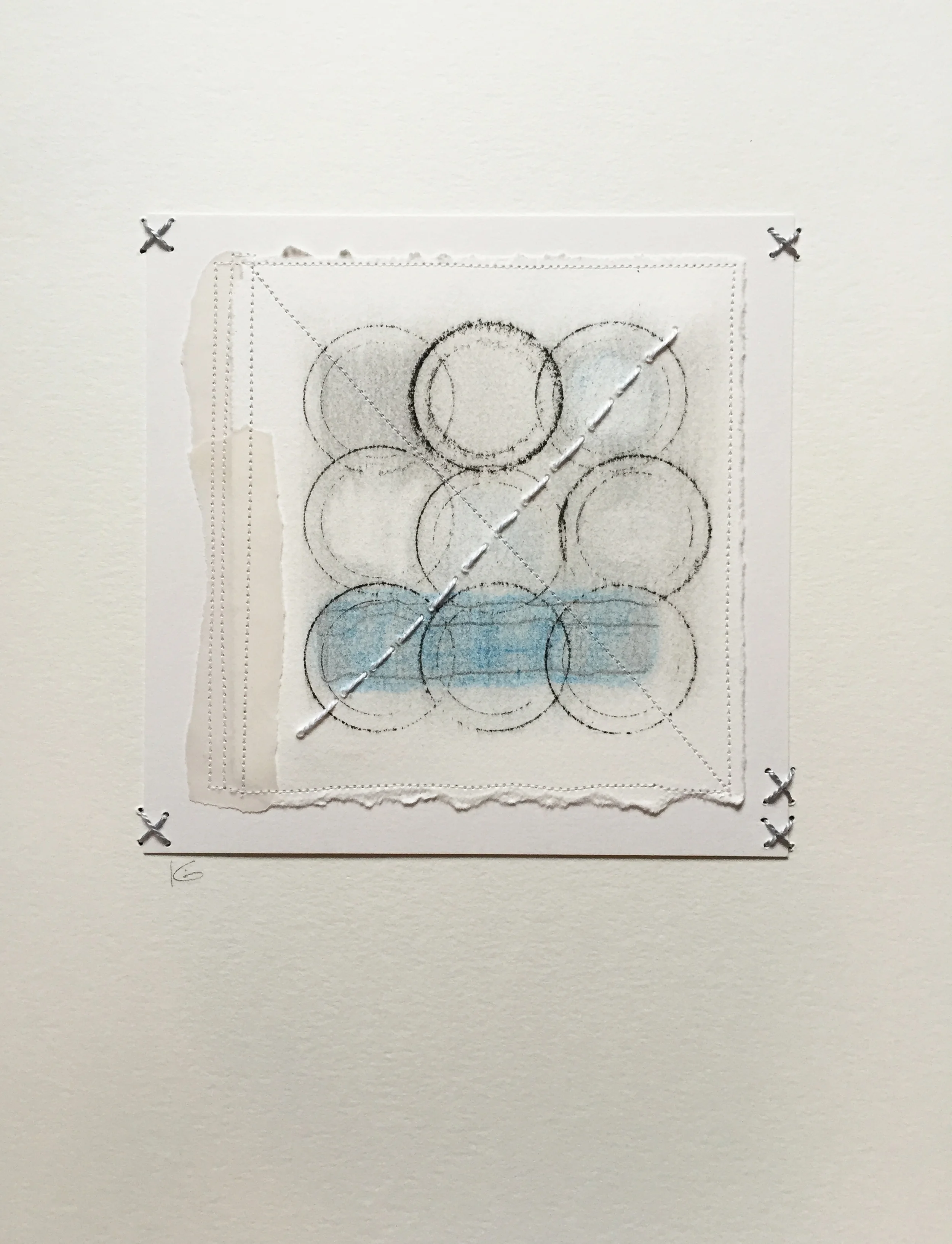 Beneath the Blue Moon. 9 x 12 inches. ink, graphite, colored pencil, vellum, perle cotton, hand and machine stitching on watercolor paper. 2016
