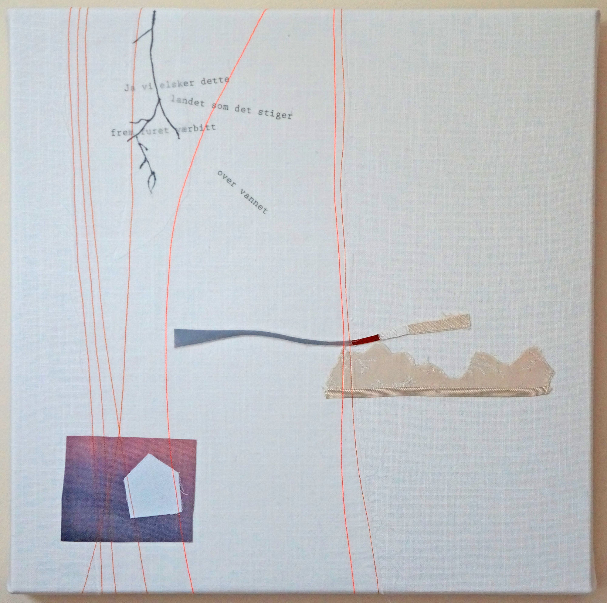 Ja Vi Elsker - 17 x 17 inches, incorporating digital printing, ink drawing and pieces of discarded oil paintings, stretched