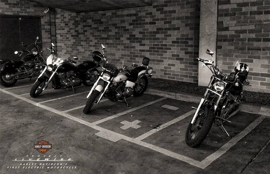 Print campaign for Harley Davidson's Project Livewire electric motorcycle. 