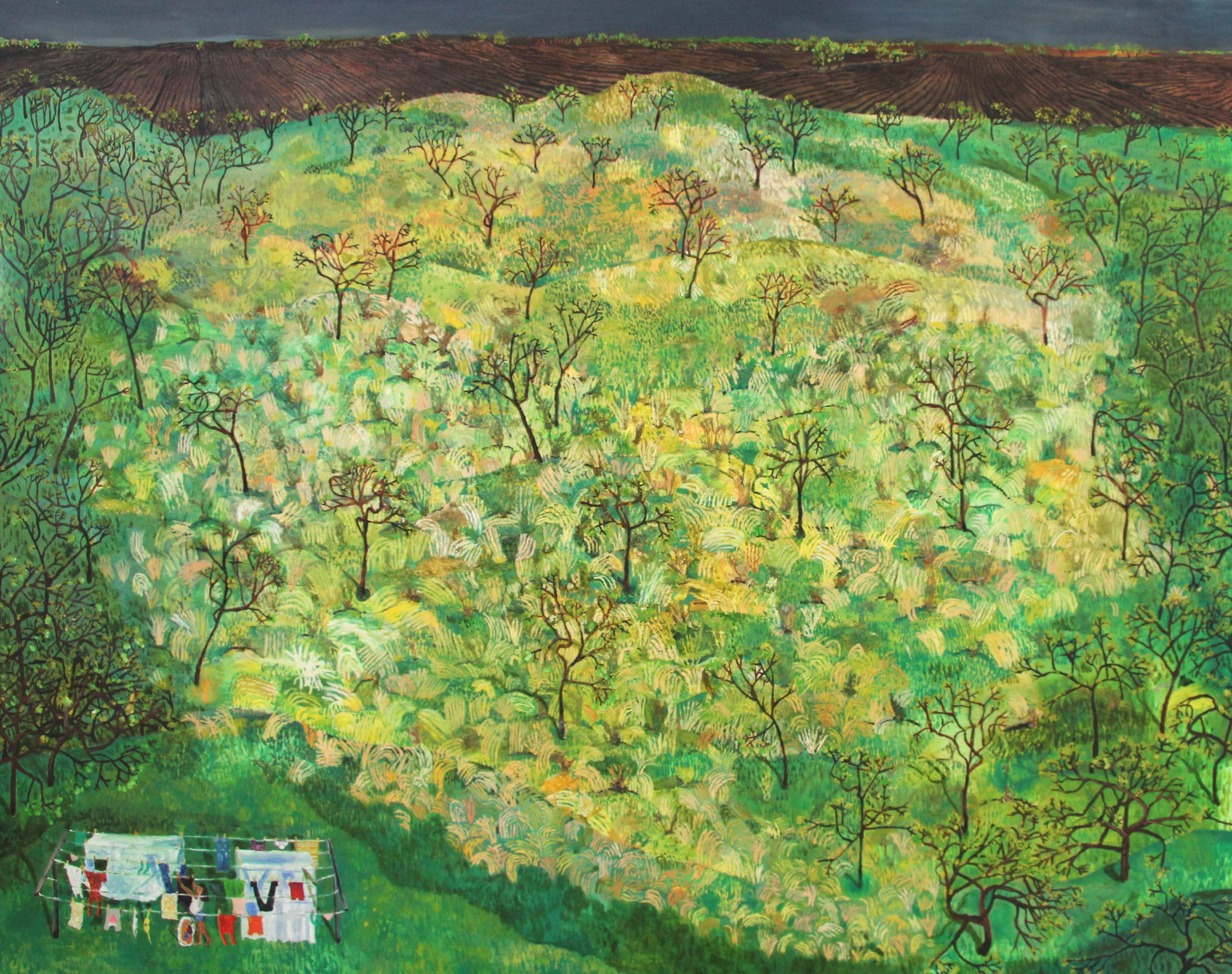 May, Sophia H.; 48"x60", string, cut-up socks, tree seeds, oil on canvas