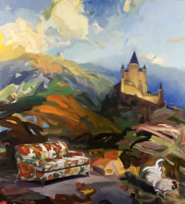 Fairy Tale in the Key of C (Castle, Couch & Cock), Jeffrey B.; 50"x46", oil on canvas