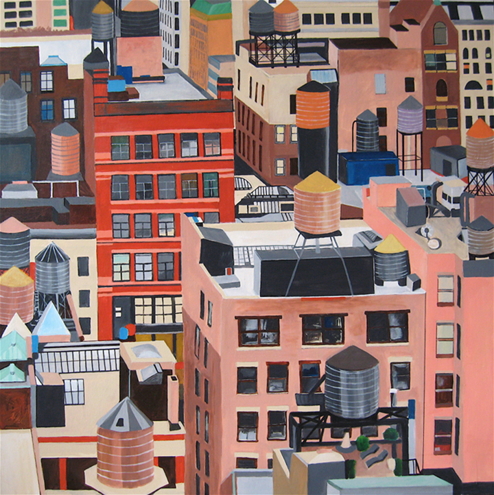 NYC Water tanks , 48"X48", acrylic on canvas by CoCo Artist, Toni S.