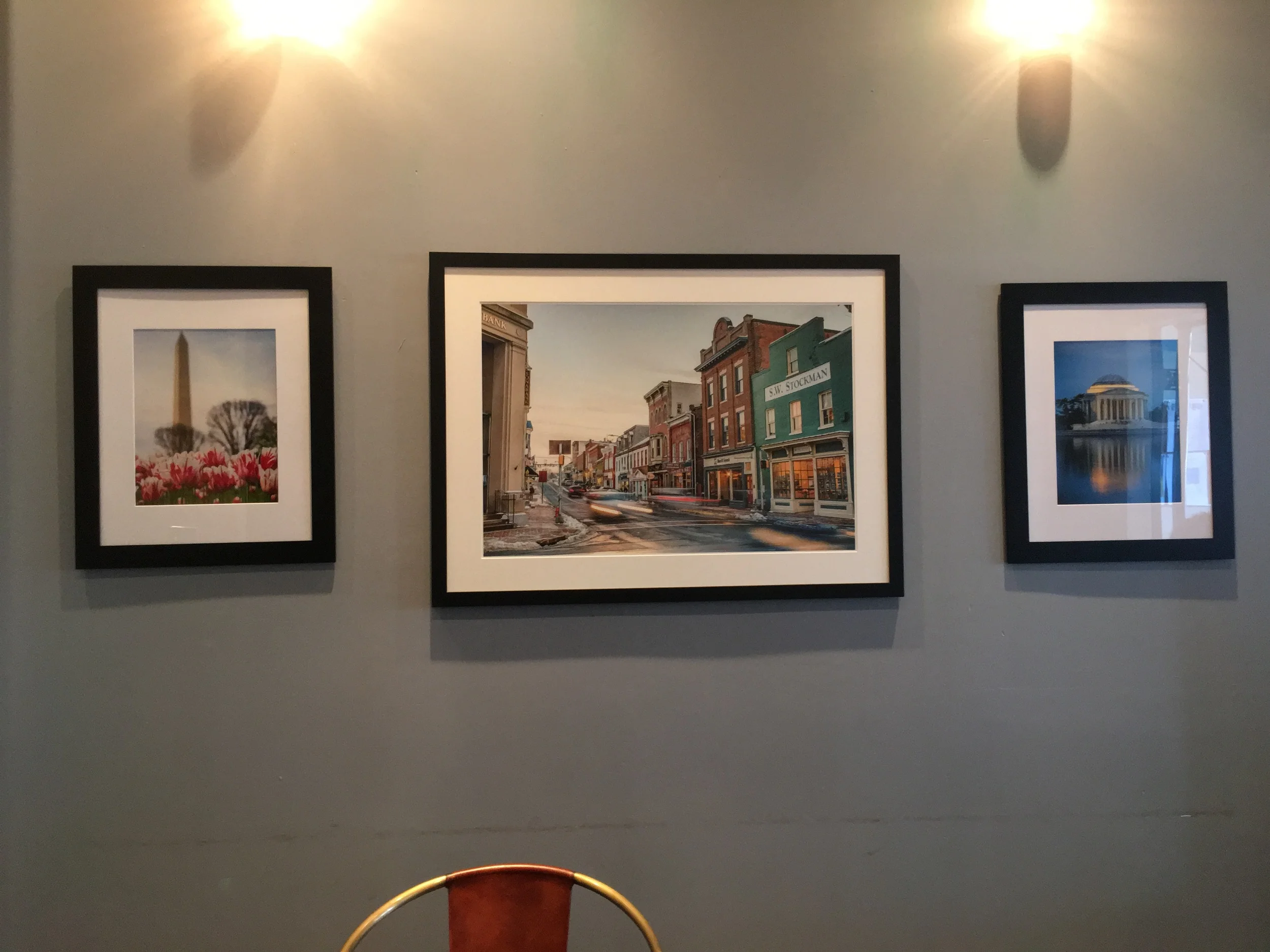 (Left to Right) Red White and Blue, 19x23 Framed - $150 Historic Streets of Leesburg, 29x39 Custom Framed - $350 Reflections of the Jefferson, 19x23 Framed - $150