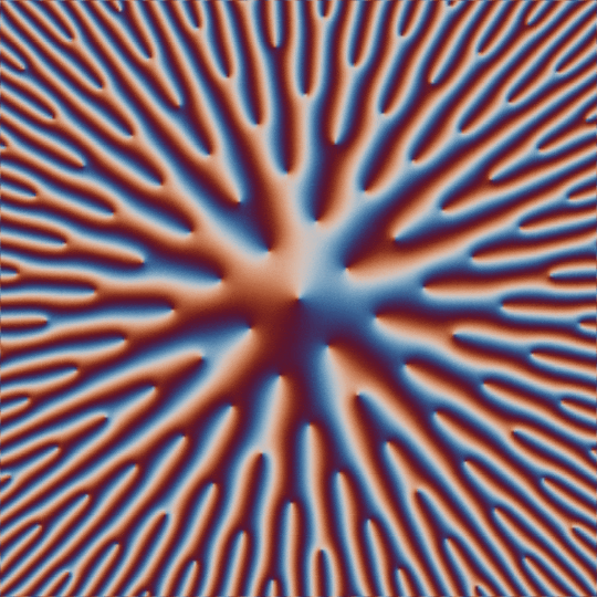 A looping animation showing a domain coloring plot of a family of Weierstrass sigma functions associated to lattices with a periodic orbit under the modular flow.
