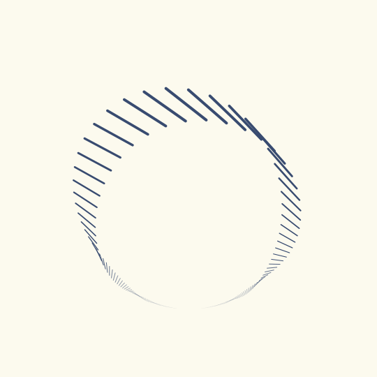 Parallel translation along a horocycle: a collection of dark blue line segments which appear to be of different lengths and orientations (but which are in fact parallel in the hyperbolic metric) arranged around a circle on a light yellow background.