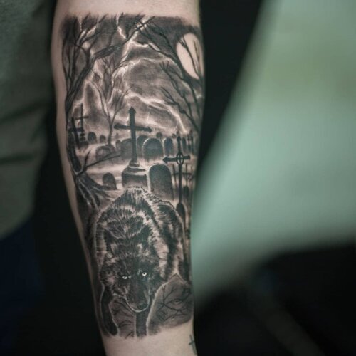Tattoo uploaded by Jason • Sweet graveyard sleeve. #tattoo #tattooart  #Tattoodo #graveyard #sleeve #skull #moon • Tattoodo