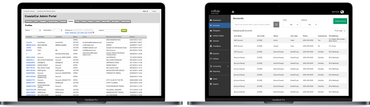 Sample: Admin Portal Accounts default layout. (Old design vs. redesign wireframes)