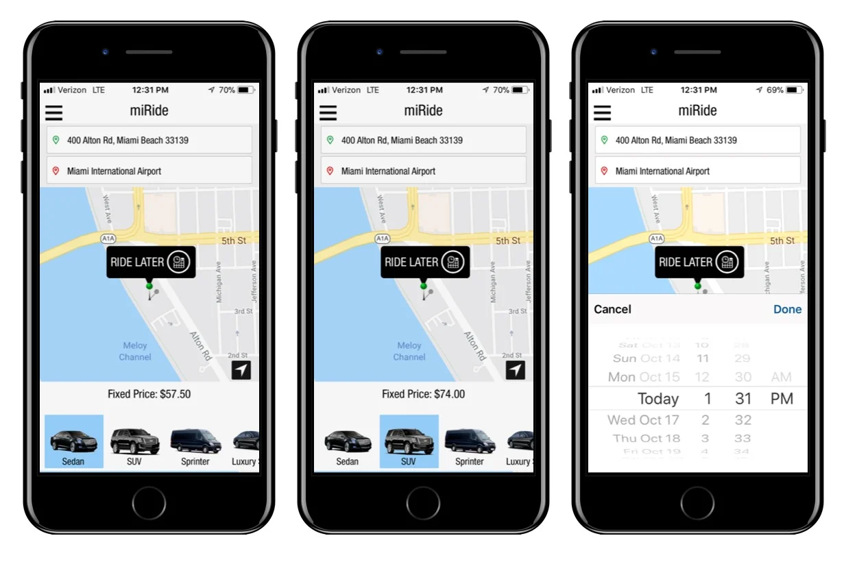 Scheduled Airport Drop-off Flow (part 1/3): User inputs drop-off location, changes vehicle (price updates in real-time) and selects date/time.