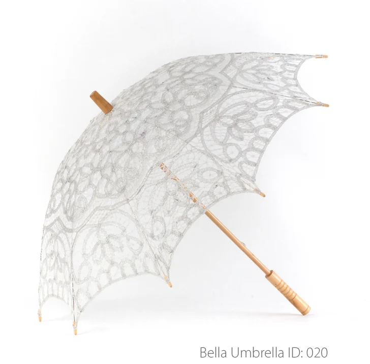 Umbrella ID 020 | Silver Cotton Lace Parasol | Wooden Post Handle | Bella Umbrella | Vintage Umbrella Rentals