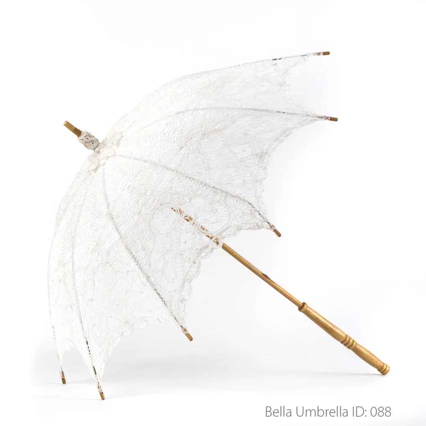 Umbrella ID 088 | Larger White Cotton Lace Parasol | Wooden Post Handle | Bella Umbrella | Vintage Umbrella Rentals