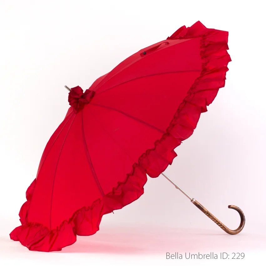 Umbrella ID 229 | Red Umbrella with Ruffle Trim | Wood Hook Handle | Bella Umbrella | Vintage Umbrella Rentals