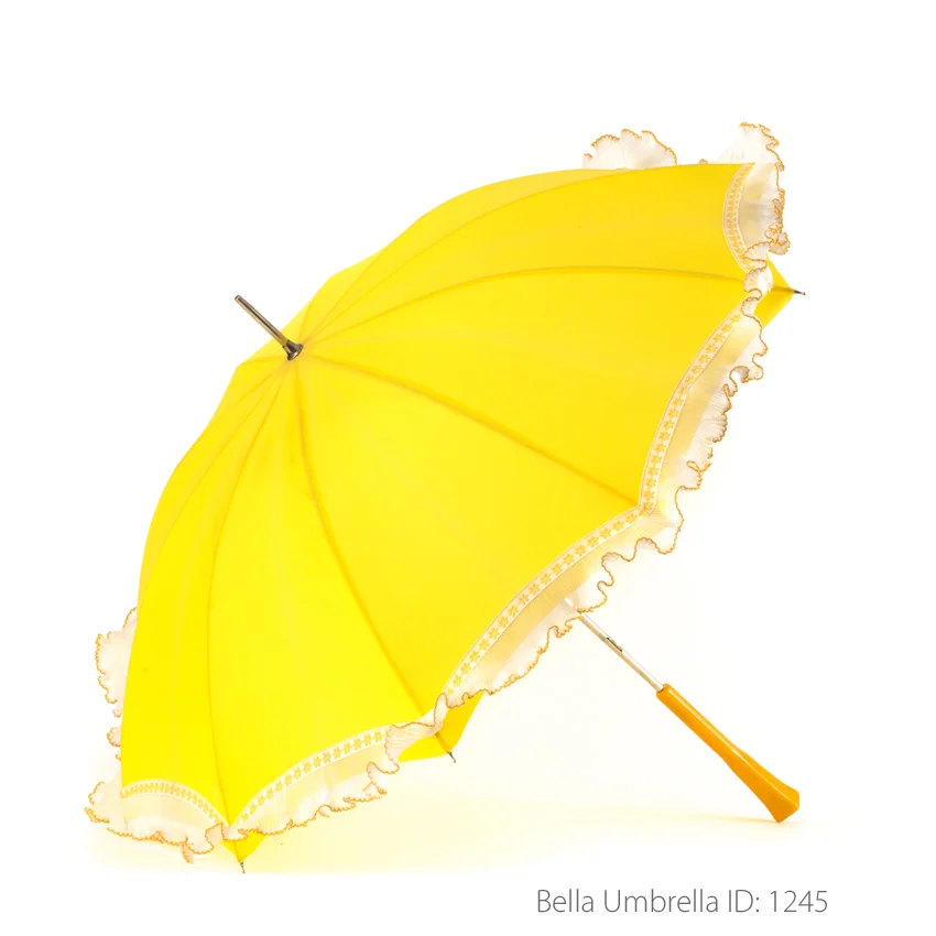 Umbrella ID 1245 | Bright Yellow Umbrella with White Lace Ruffled Edge | Deep Yellow Lucite Post Handle | Bella Umbrella | Vintage Umbrella Rentals