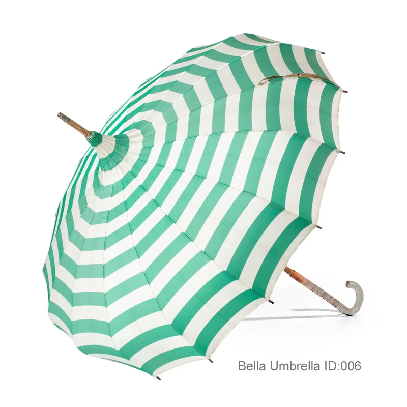 Umbrella ID 006 | Green and White Striped Pagoda Umbrella | Bella Umbrella | Vintage Umbrella Rentals