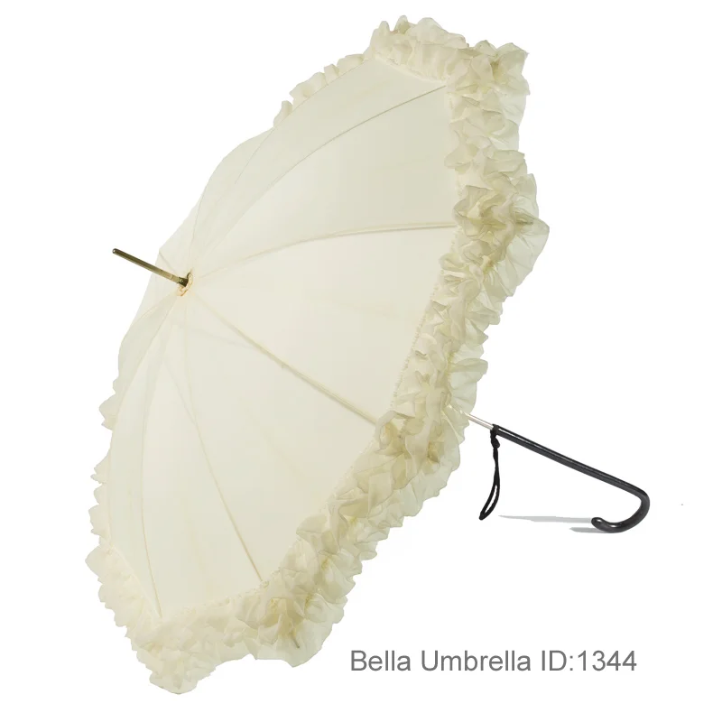 Umbrella ID 1344 | Bridal Ivory Umbrella with Two Layers of Ruffles_Long Black Hook Handle | Bella Umbrella | Vintage Umbrella Rentals