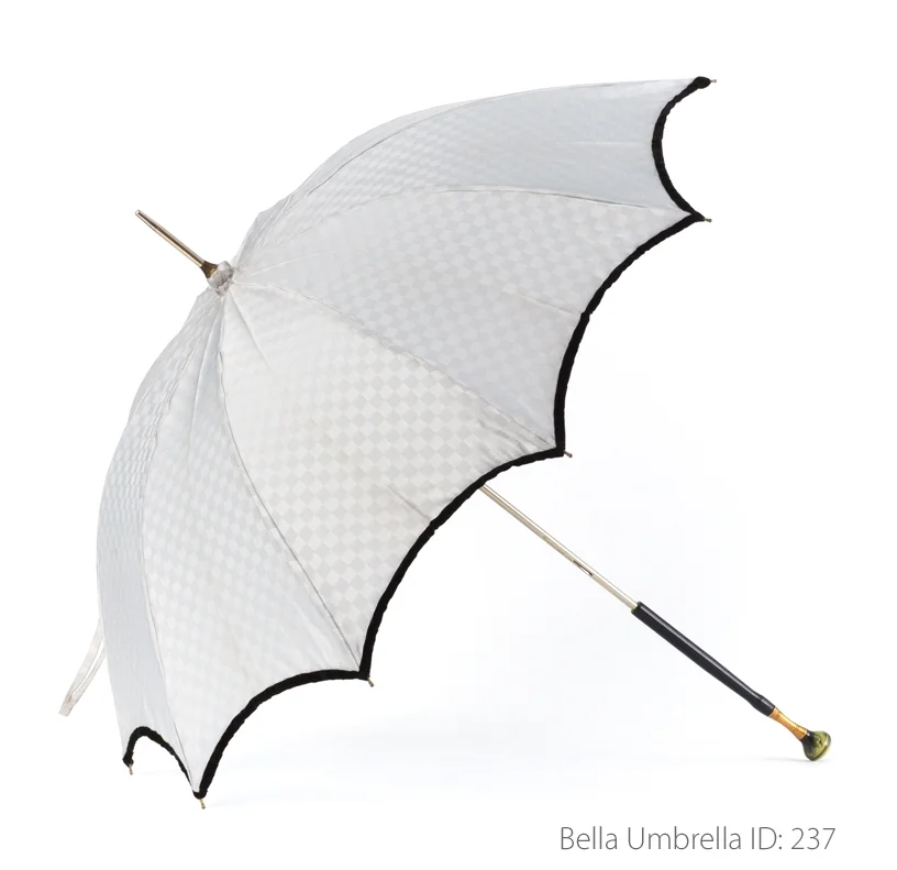 Umbrella ID 237 | Silver Gray Tonal Plaid Pattern | Black Post Handle | Bella Umbrella | Vintage Umbrella Rentals