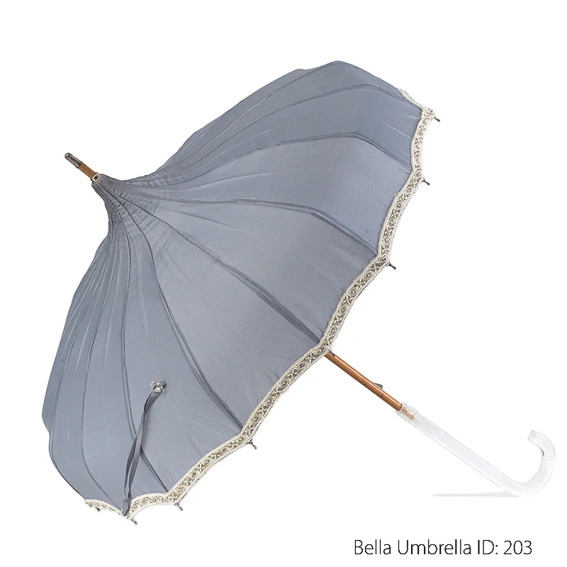 Umbrella ID 203 | Gray Pagoda with Silver Grey Beaded Trim | Clear Hook Handle | Bella Umbrella | Vintage Umbrella Rentals