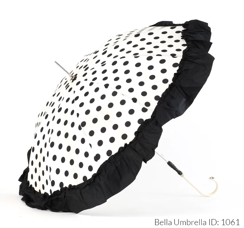 Umbrella ID 1061 | White Umbrella with Black Polka Dots and Black Ruffle | White Hook Handle | Bella Umbrella | Vintage Umbrella Rentals