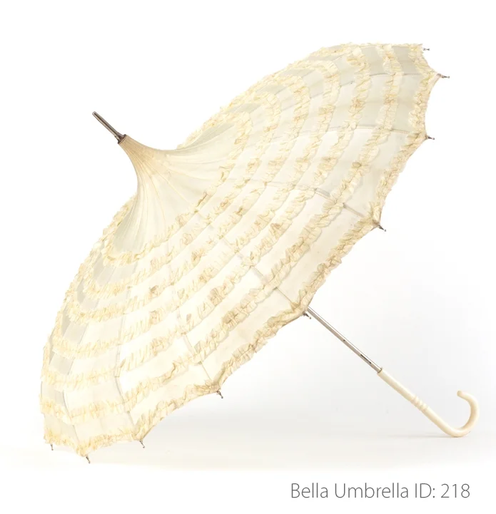 Umbrella ID 218 | Ivory Pagoda with Seven Layers of Ruffles | Ivory Hook Handle | Bella Umbrella | Vintage Umbrella Rentals