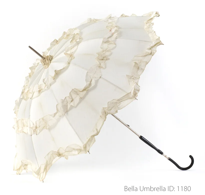 Umbrella ID 1180 | Ivory Umbrella with Three Layers of Ruffles | BLack Hook Handle | Bella Umbrella | Vintage Umbrella Rentals