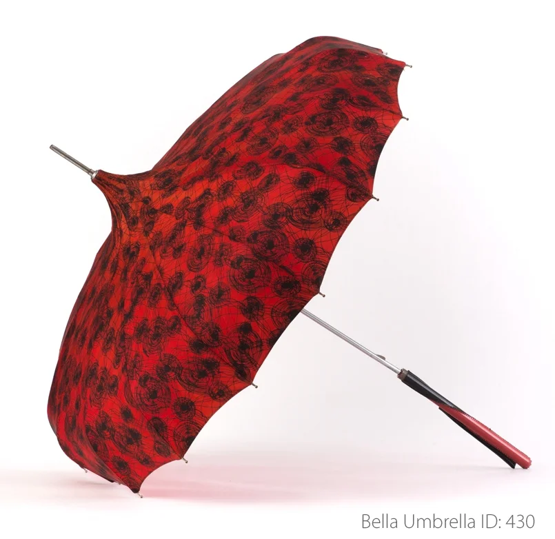 Umbrella ID 430 | Rich Red Pagoda with MidCentury 'Pen and Ink' Circular Pattern | Bella Umbrella | Vintage Umbrella Rentals