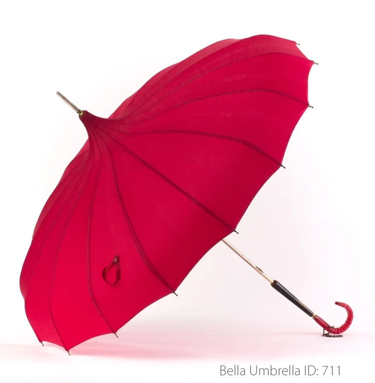 Umbrella ID 711 | Deep Cherry Pink Pagoda | Textured Hook Handle | Bella Umbrella | Vintage Umbrella Rentals