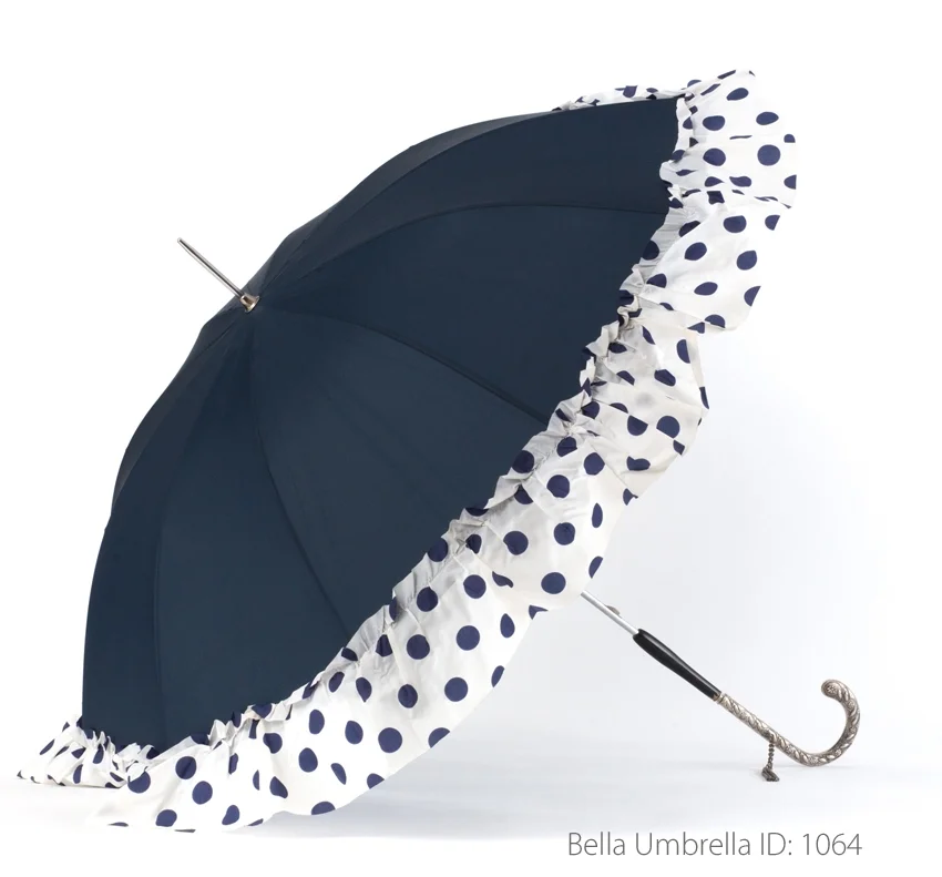 Umbrella ID 1064 | Navy Blue Umbrella with White with Navy Polka Dots Ruffle Trim | Engraved Metal Hook Handle | Bella Umbrella | Vintage Umbrella Rentals